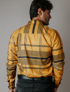 Camisa Hombre Casual Mostaza Grecas Gris y Negro