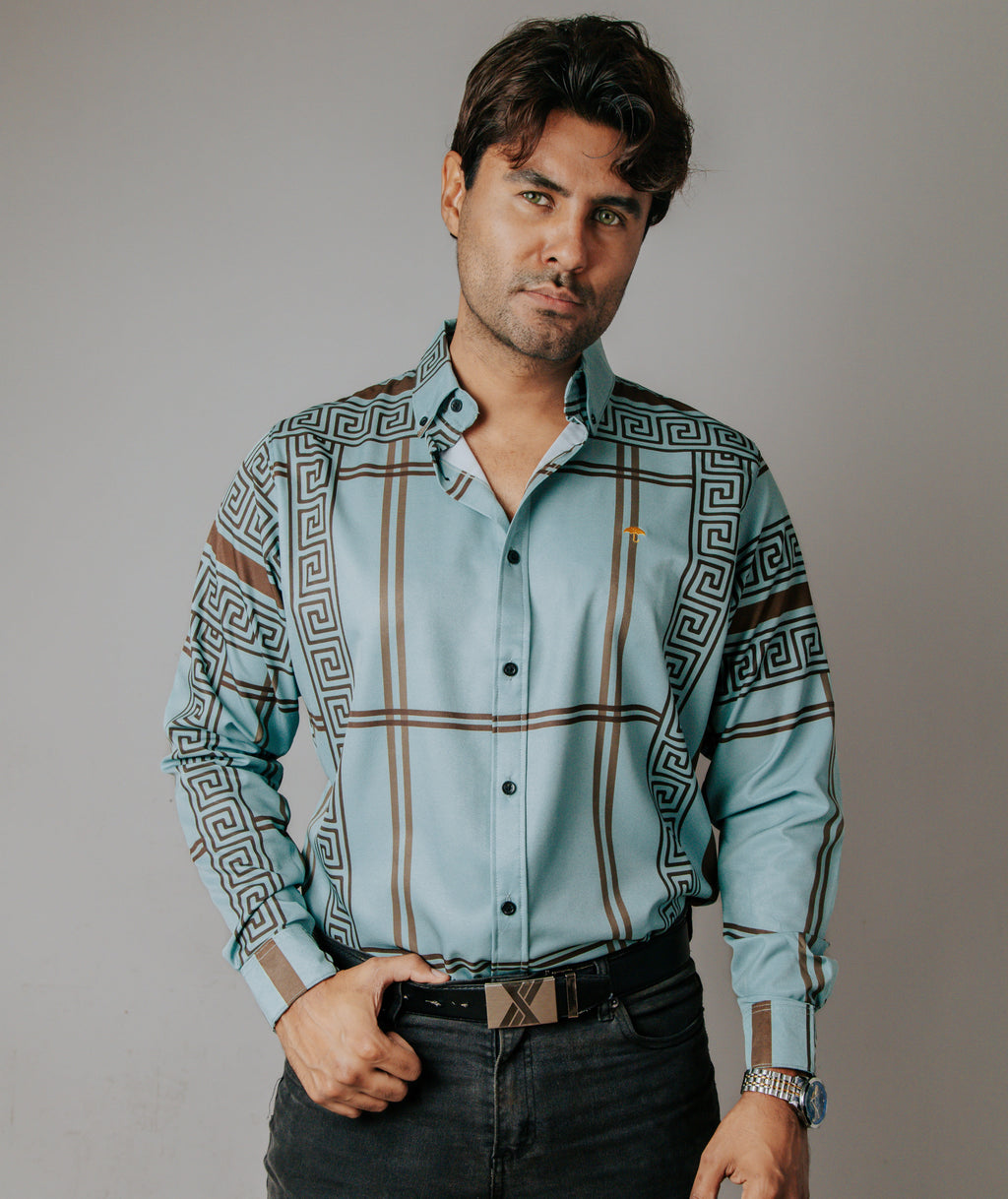 Camisa Hombre Casual Verde Pistache Grecas Café
