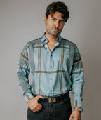 Camisa Hombre Casual Verde Pistache Grecas Café