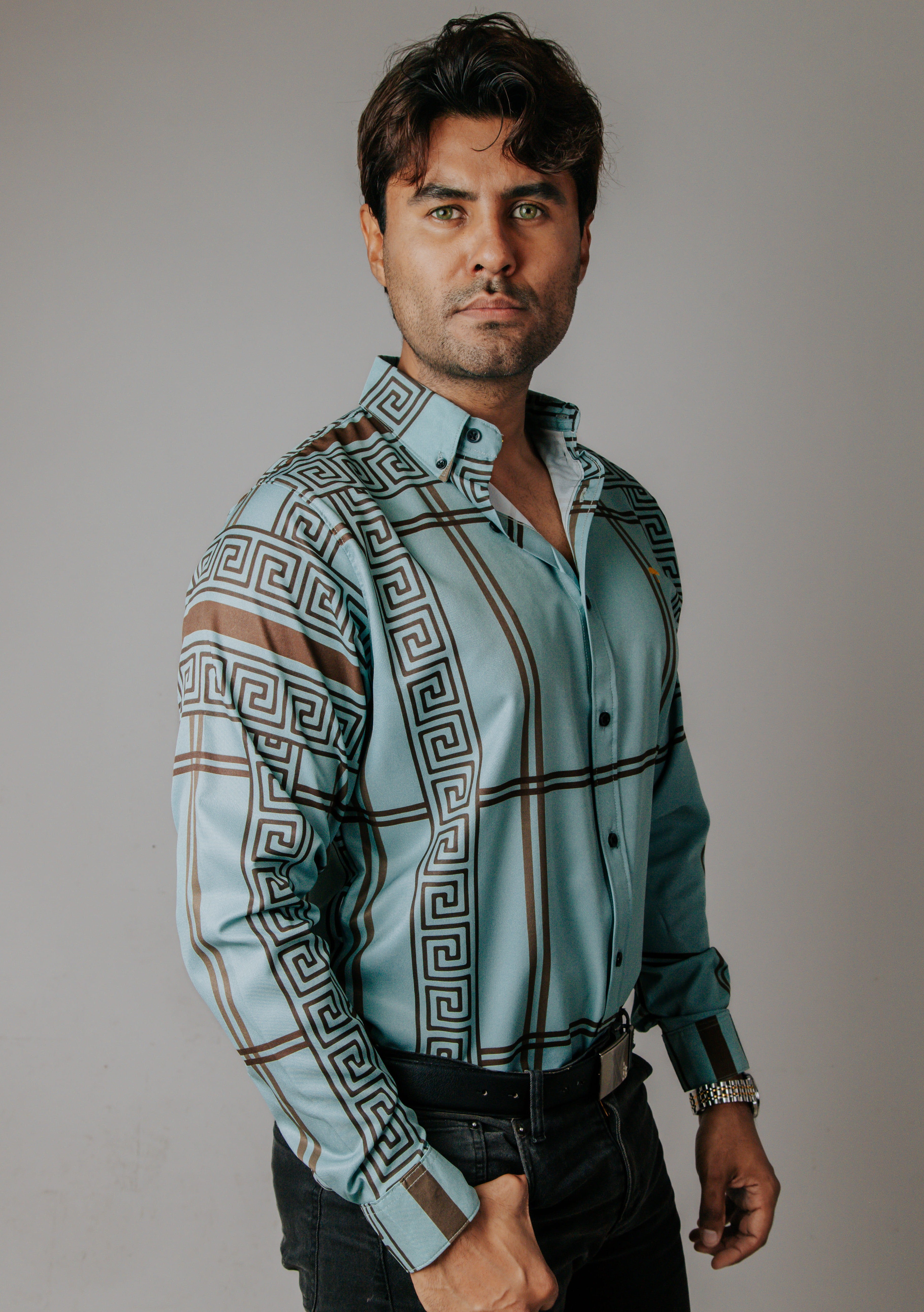 Camisa Hombre Casual Verde Pistache Grecas Café