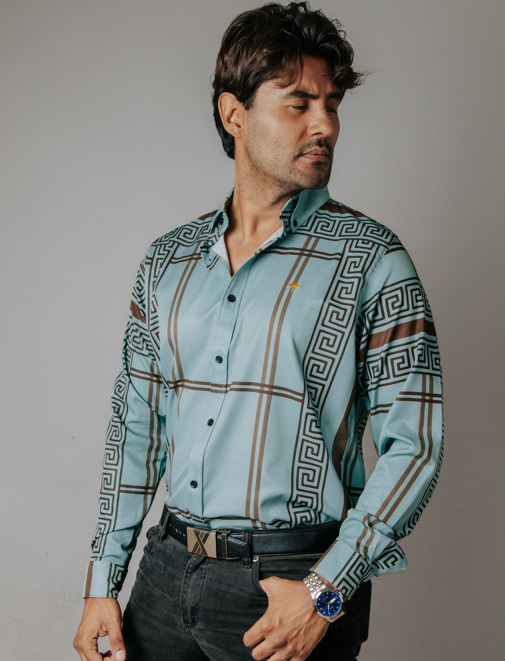 Camisa Hombre Casual Verde Pistache Grecas Café