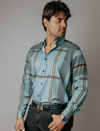 Camisa Hombre Casual Verde Pistache Grecas Café