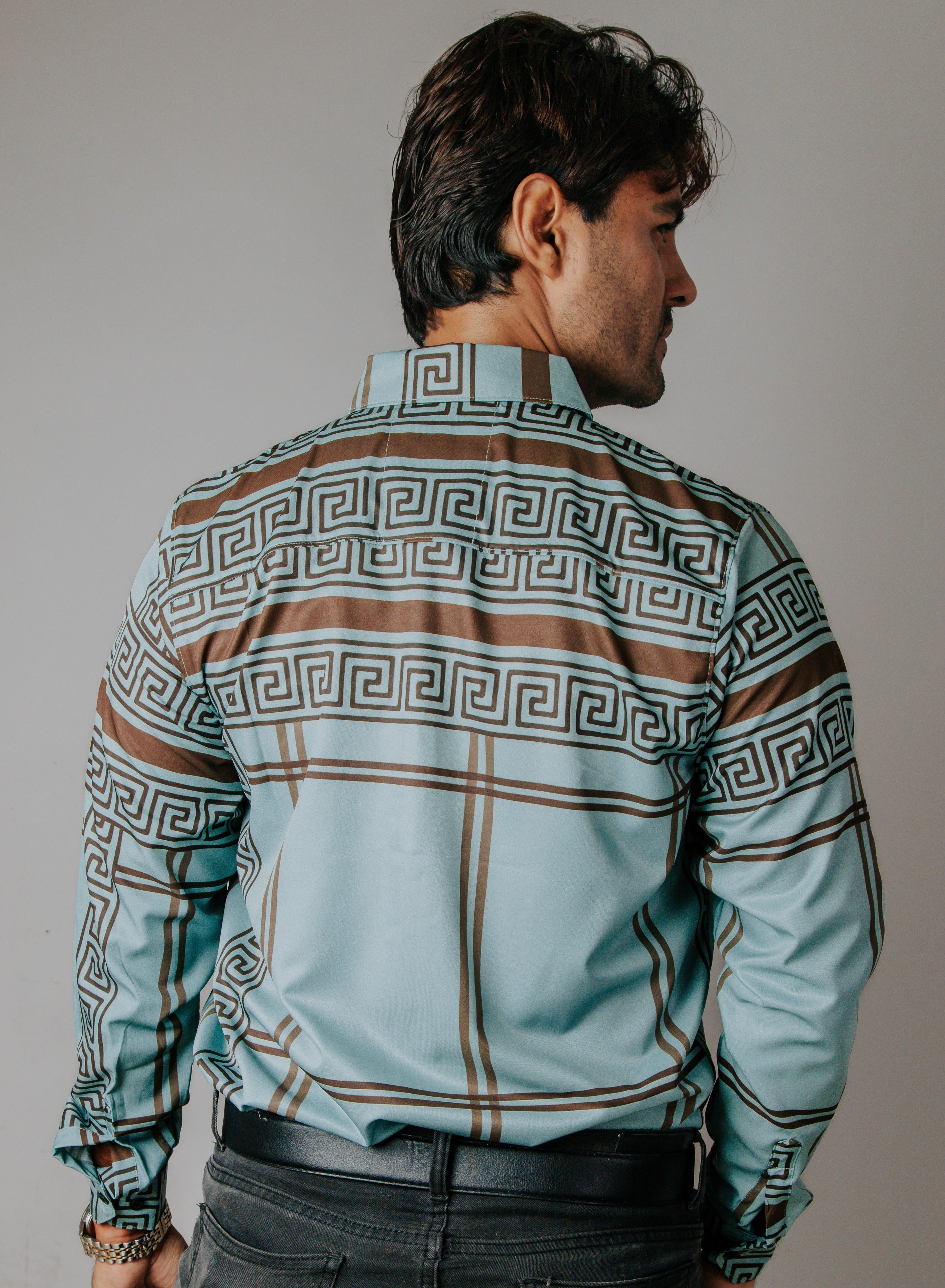 Camisa Hombre Casual Verde Pistache Grecas Café