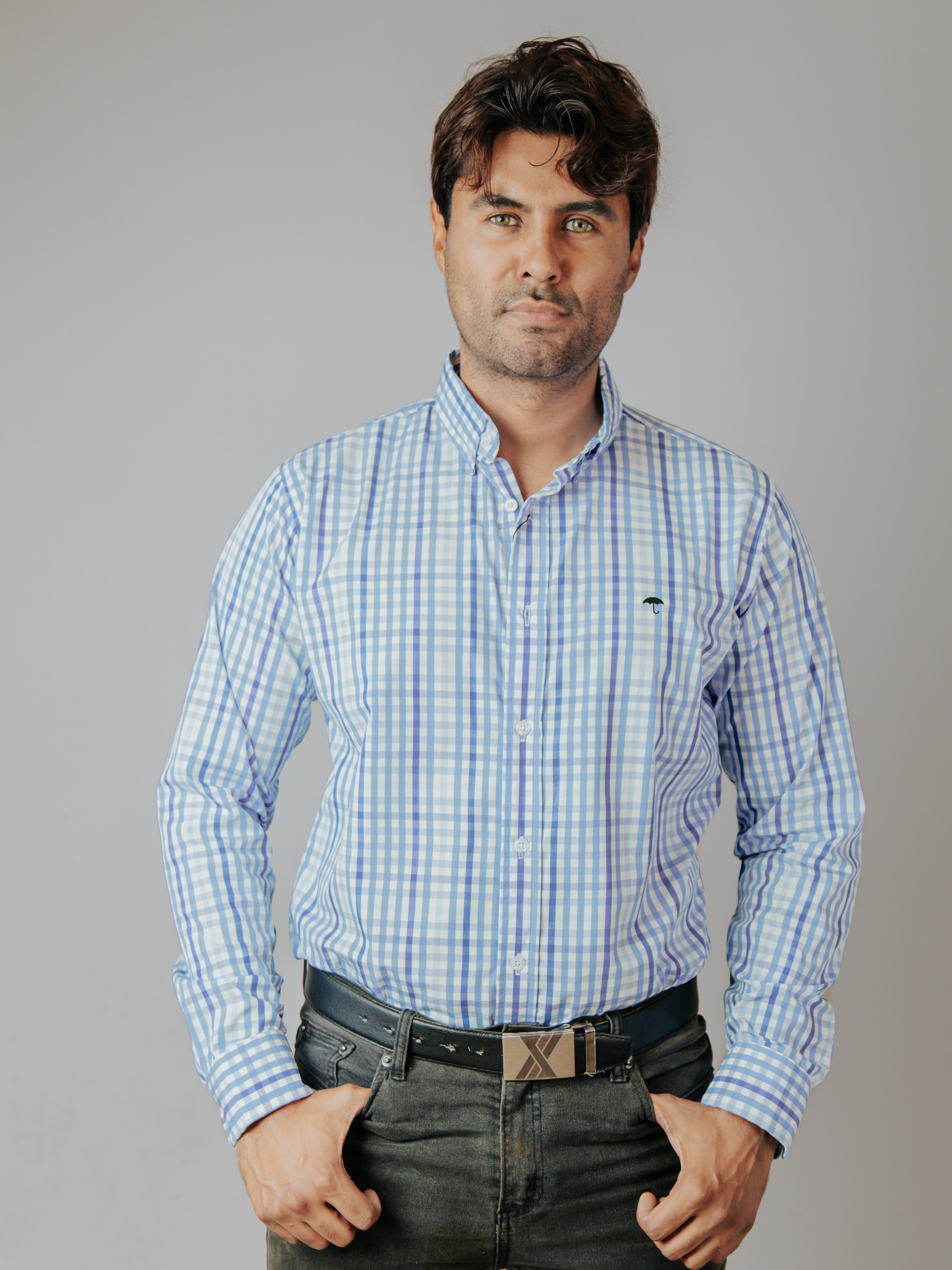 Camisa Hombre Casual Cuadro Azul Marino Azul Cielo Azul Grisáceo