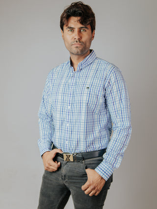 Camisa Hombre Casual Cuadro Azul Marino Azul Cielo Azul Grisáceo