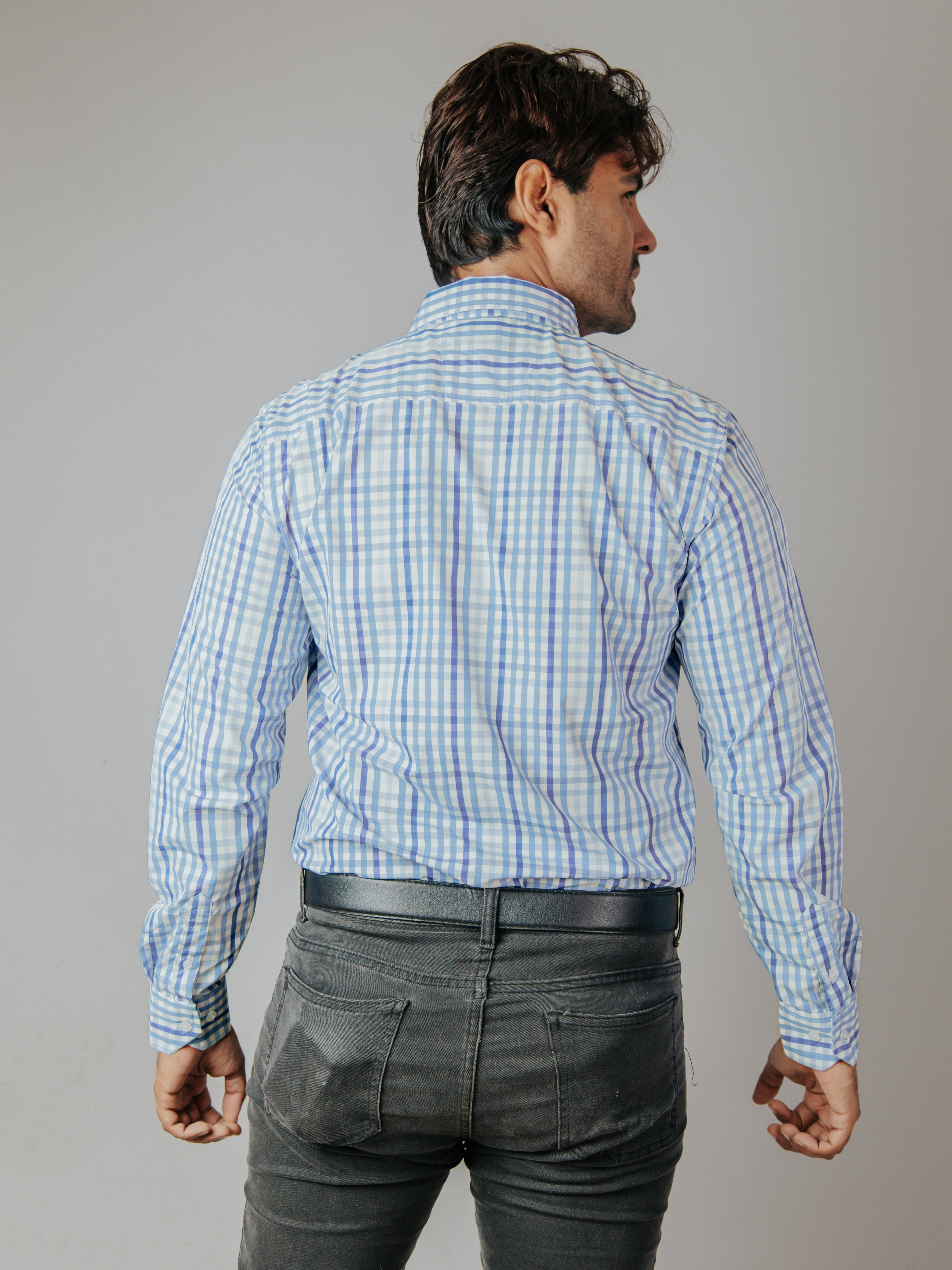Camisa Hombre Casual Cuadro Azul Marino Azul Cielo Azul Grisáceo