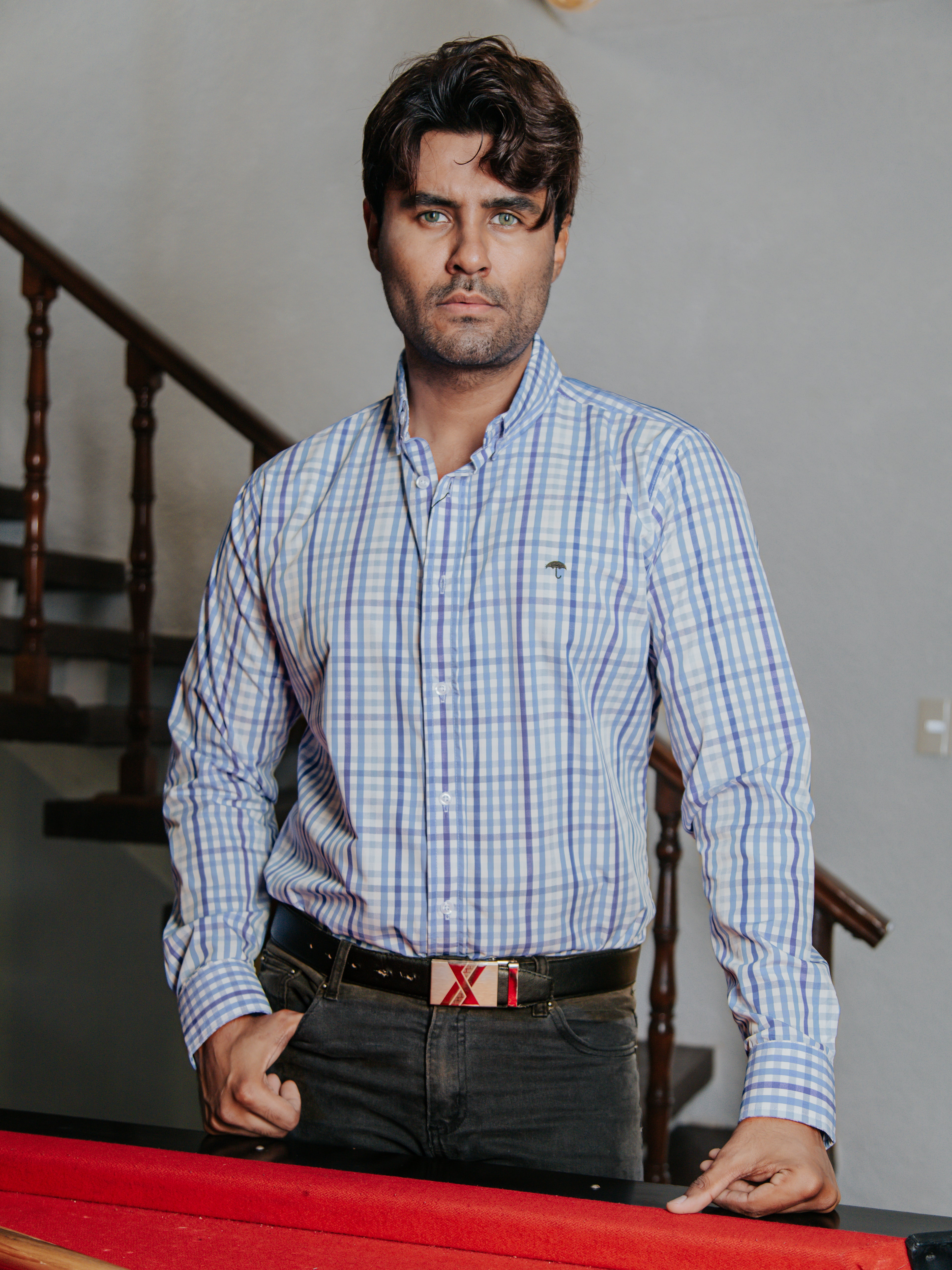 Camisa Hombre Casual Cuadro Azul Marino Azul Cielo Azul Grisáceo