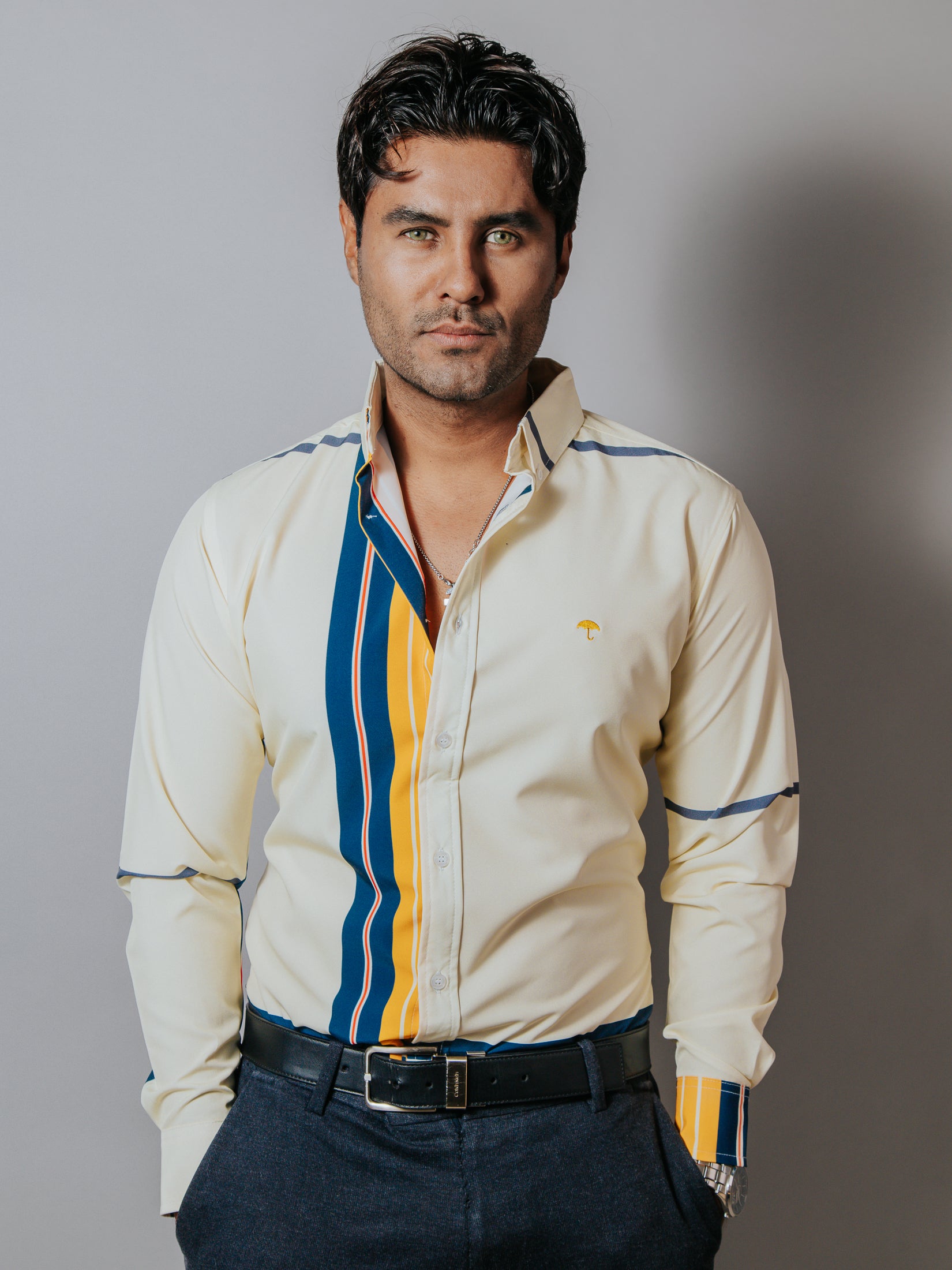 Camisa Casual Hombre, Crema Líneas Amarillo, Azul Marino