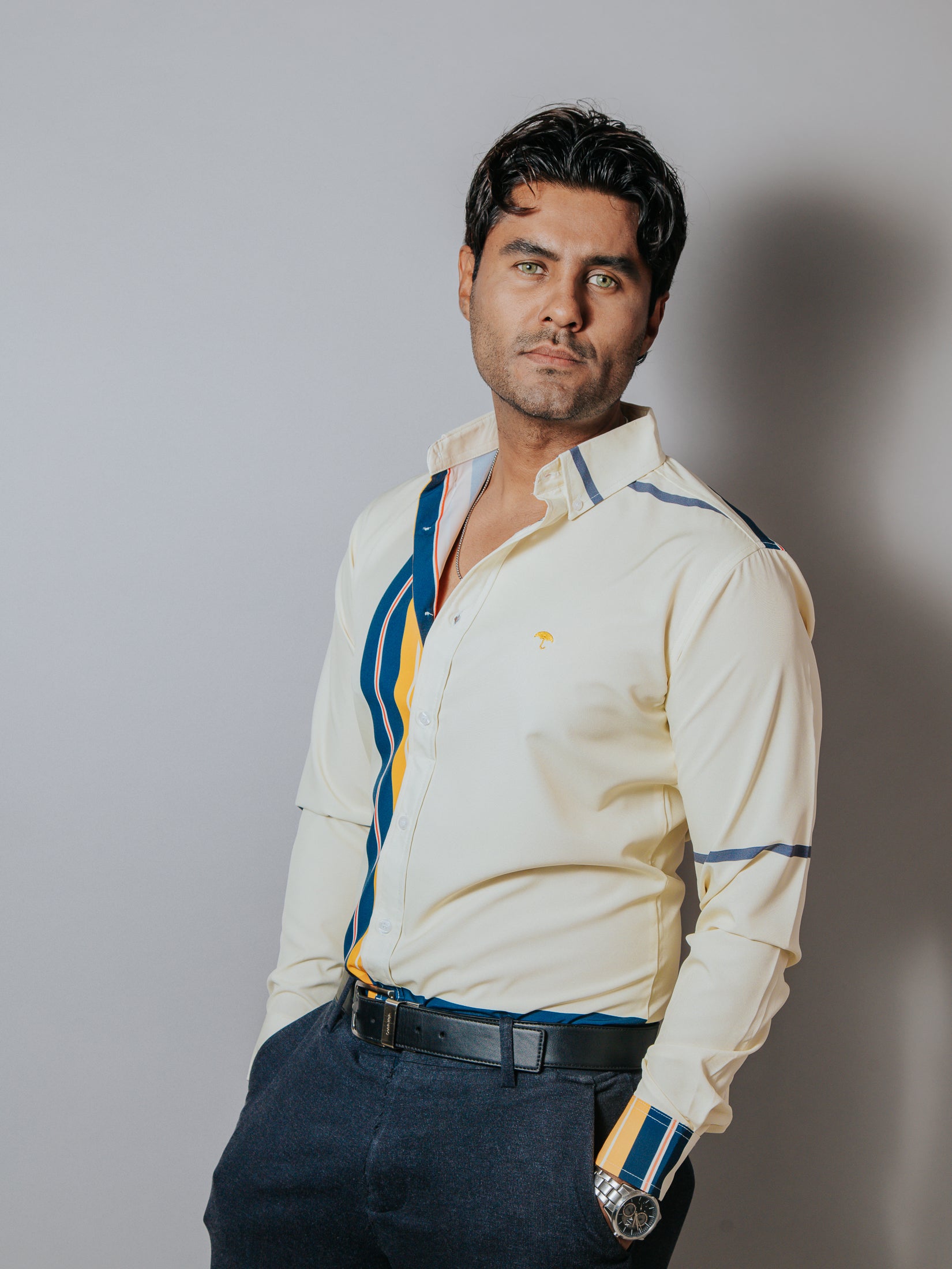 Camisa Casual Hombre, Crema Líneas Amarillo, Azul Marino