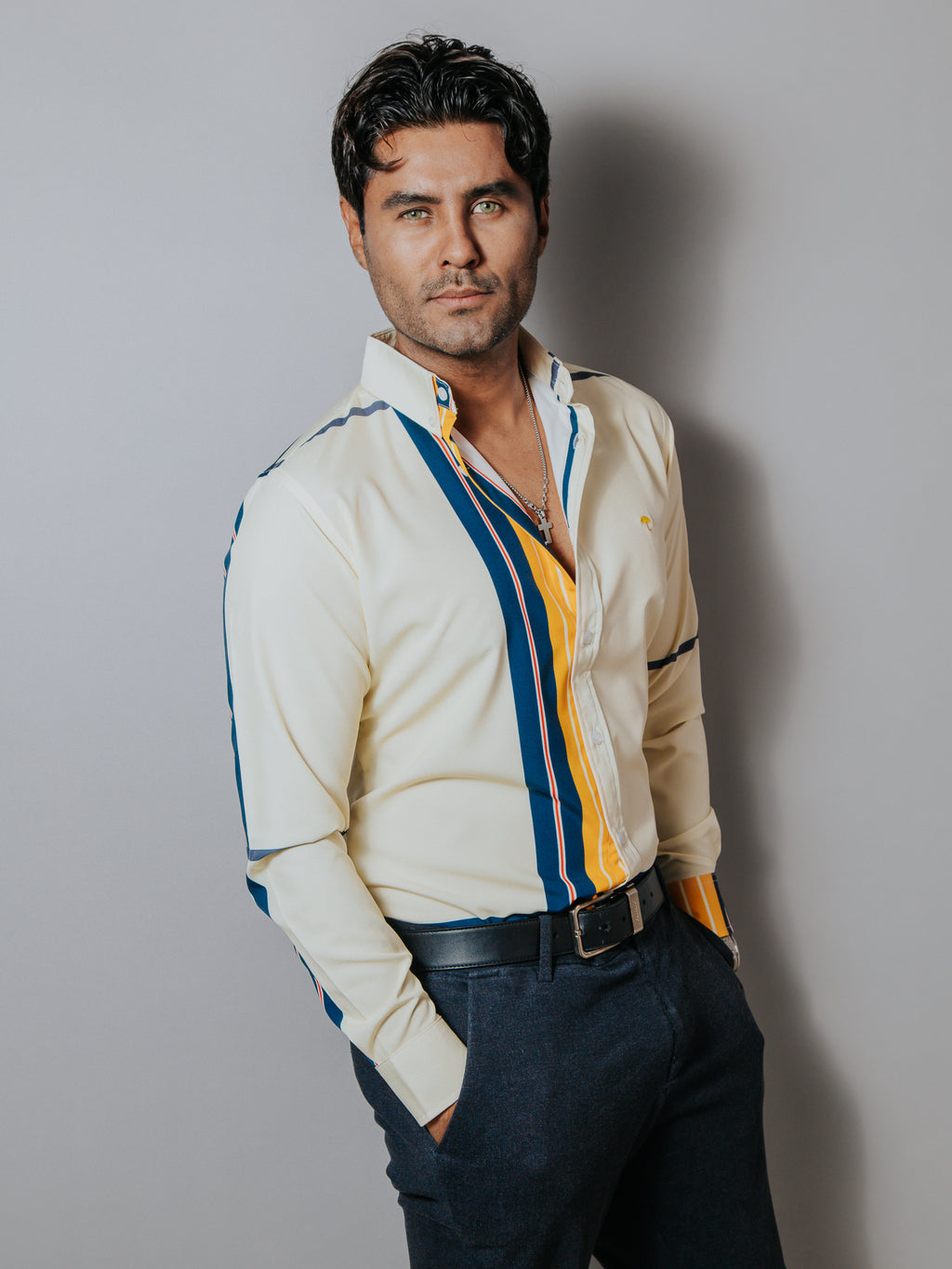 Camisa Casual Hombre, Crema Líneas Amarillo, Azul Marino