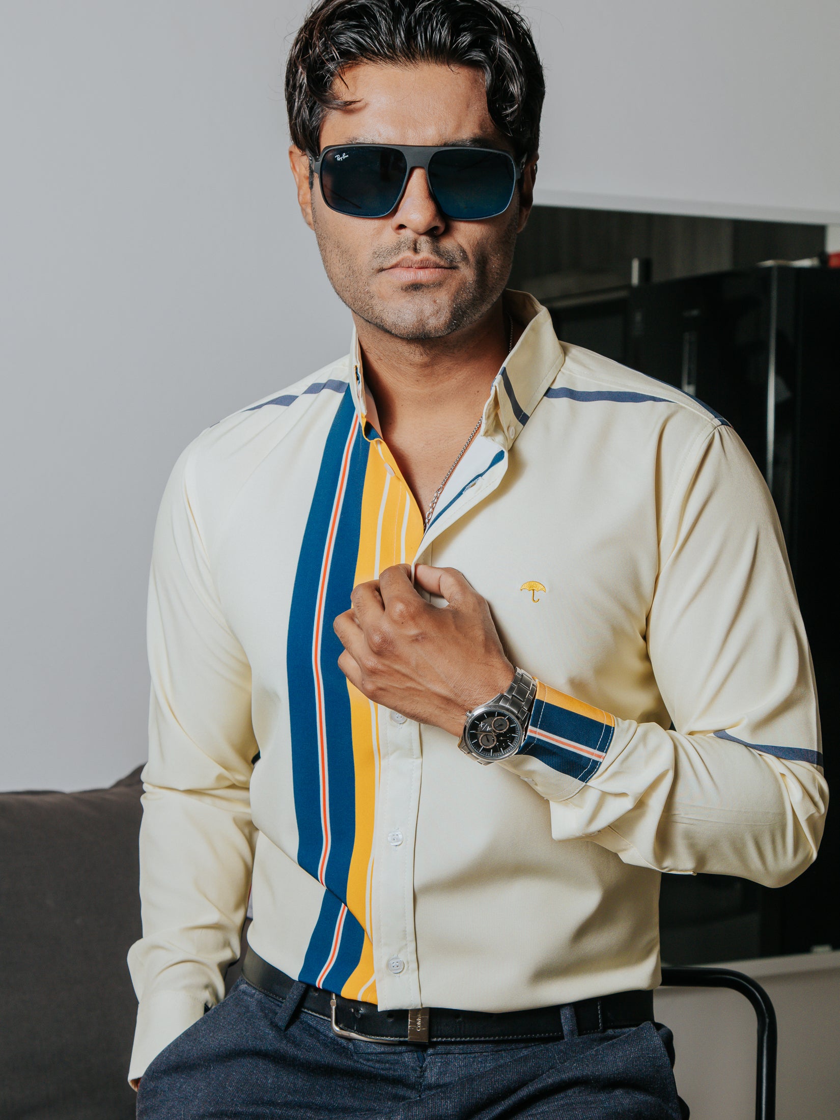 Camisa Casual Hombre, Crema Líneas Amarillo, Azul Marino