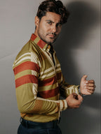 Camisa Hombre Casual Verde Olivo Detalle Griego Chocolate