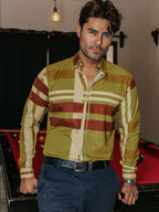 Camisa Hombre Casual Verde Olivo Detalle Griego Chocolate