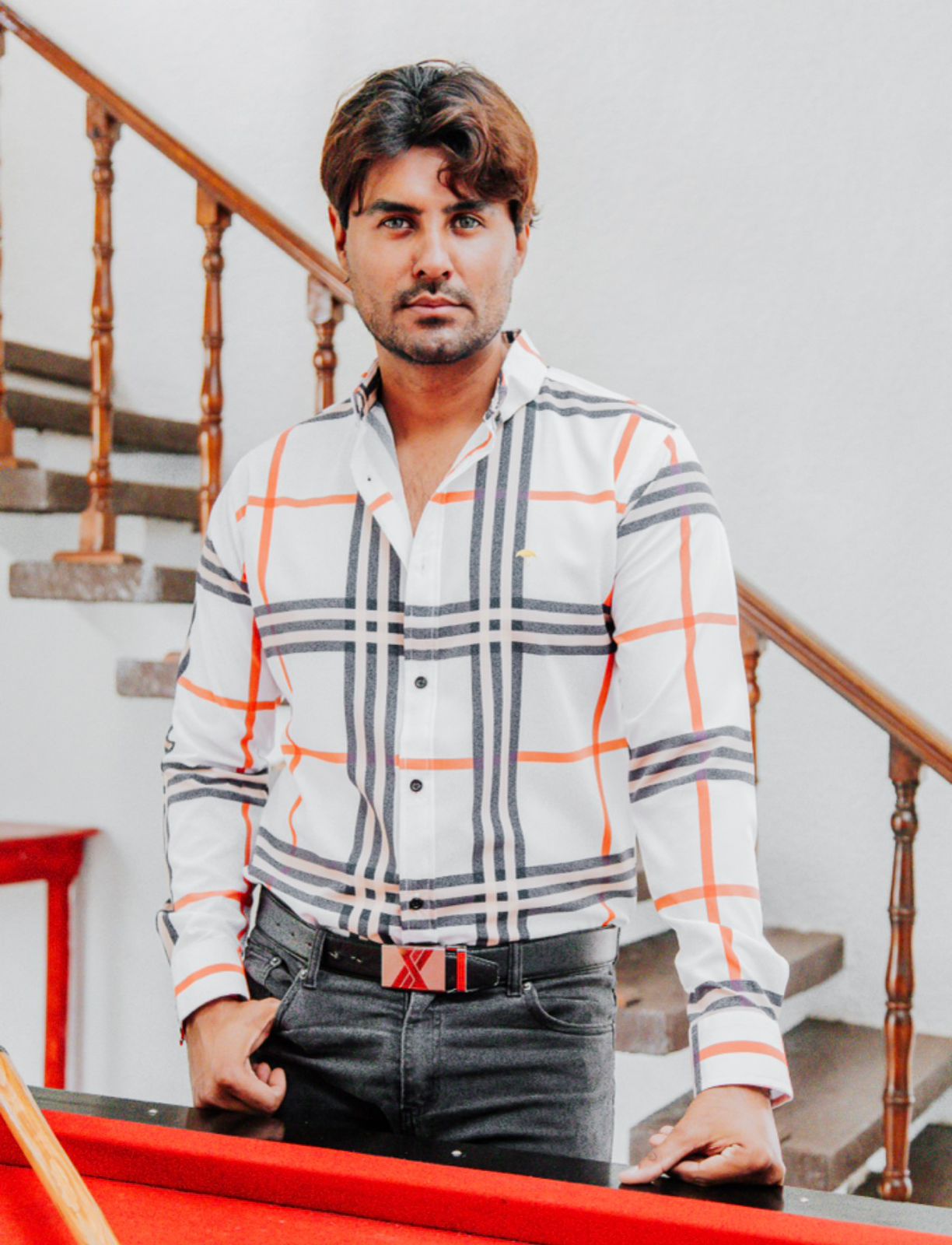 Camisa Hombre Casual Cuadro Gris Beige y Naranja