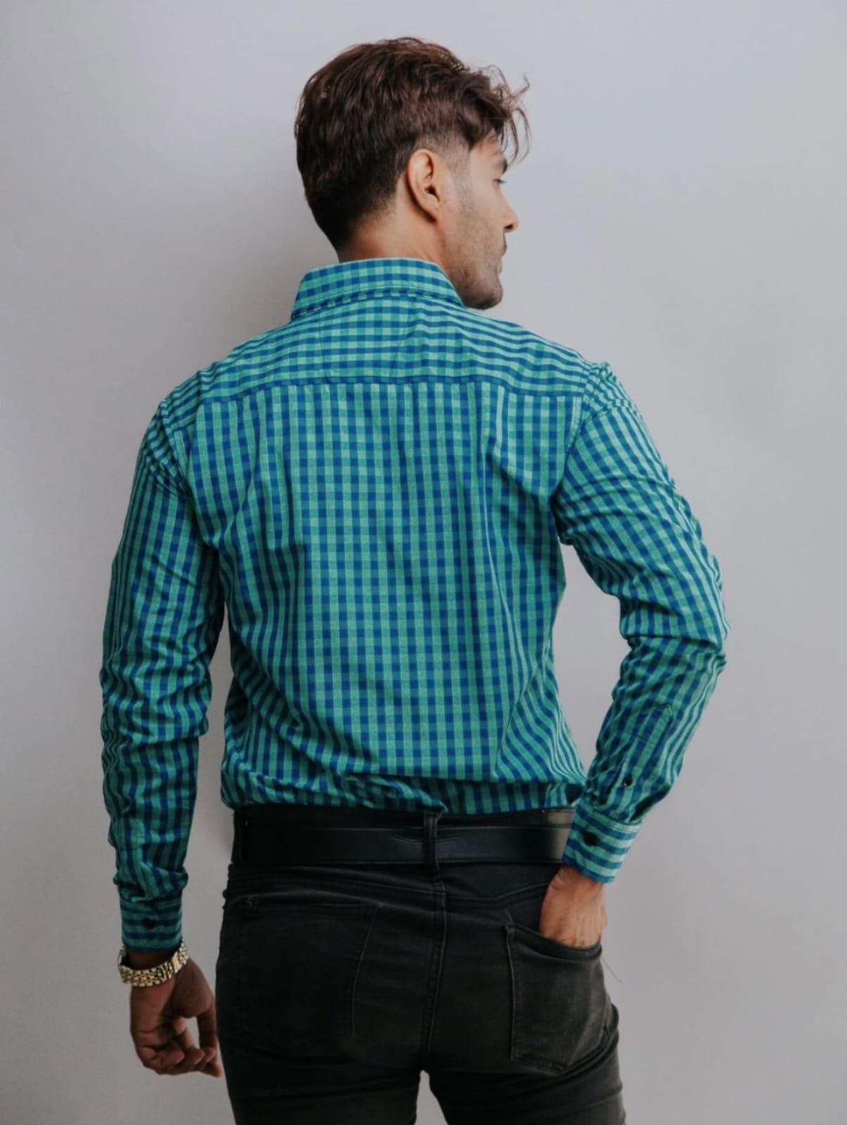 Camisa Hombre Casual Cuadros Verde Turquesa y Azul Marino