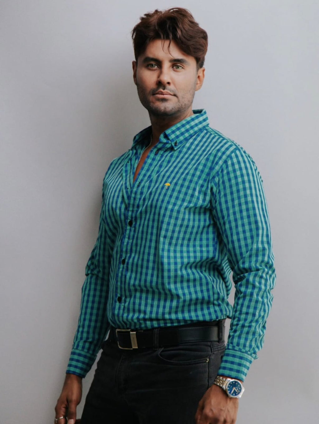 Camisa Hombre Casual Cuadros Verde Turquesa y Azul Marino