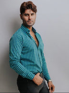 Camisa Hombre Casual Cuadros Verde Turquesa y Azul Marino