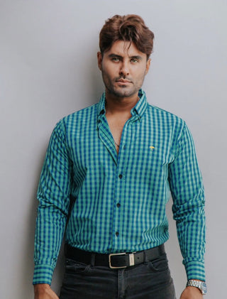 Camisa Hombre Casual Cuadros Verde Turquesa y Azul Marino