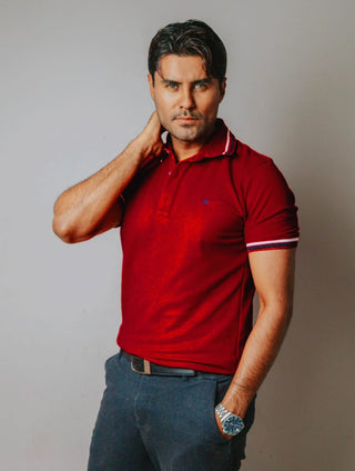 Playera Polo Hombre Slim Fit Roja Detalles Blanco y Negro
