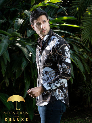 Camisa Hombre Casual Negra Calaveras Blancas Cadenas