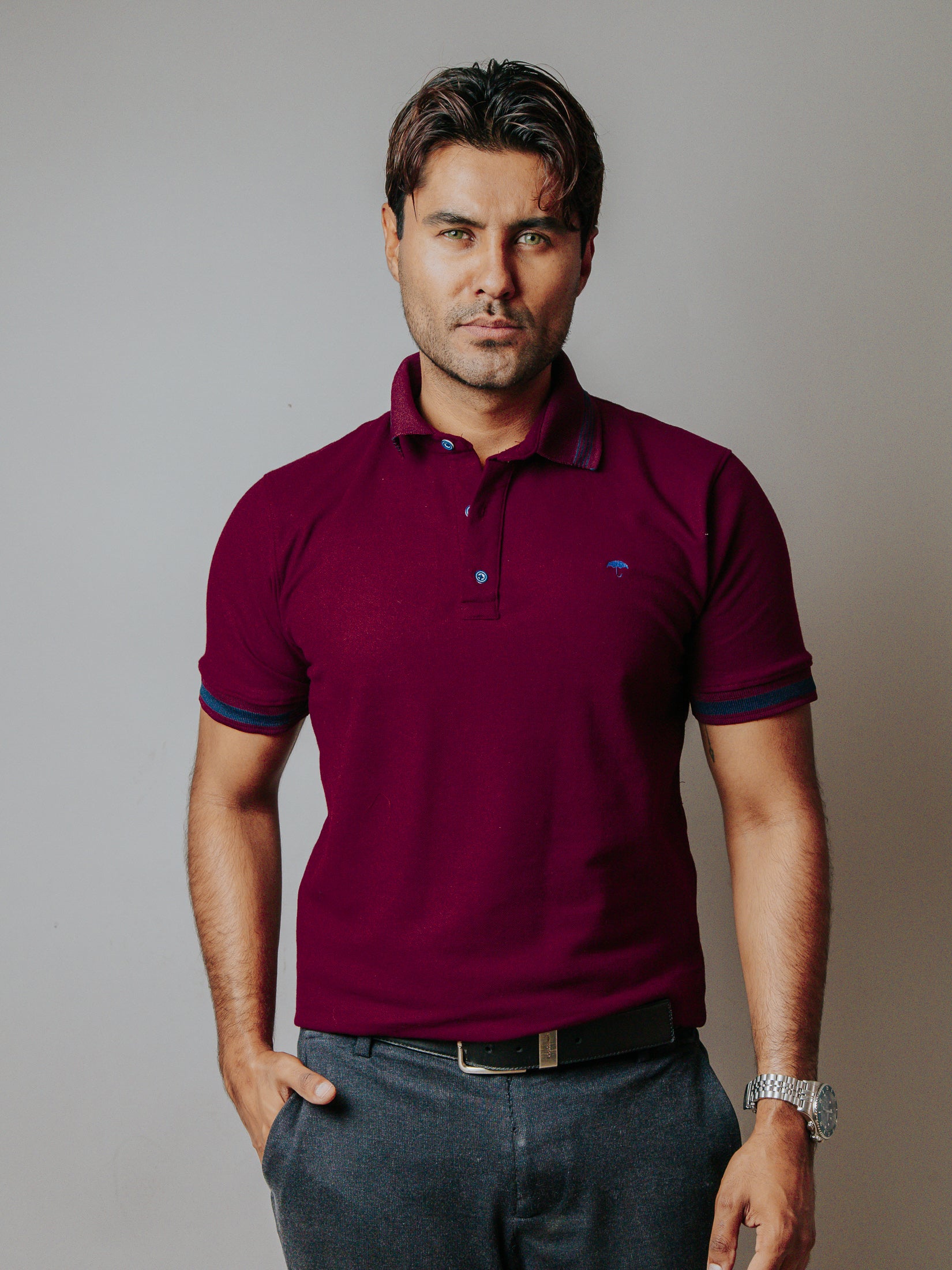 Playera Polo Hombre Slim Fit Vino Detalles Azul Marino