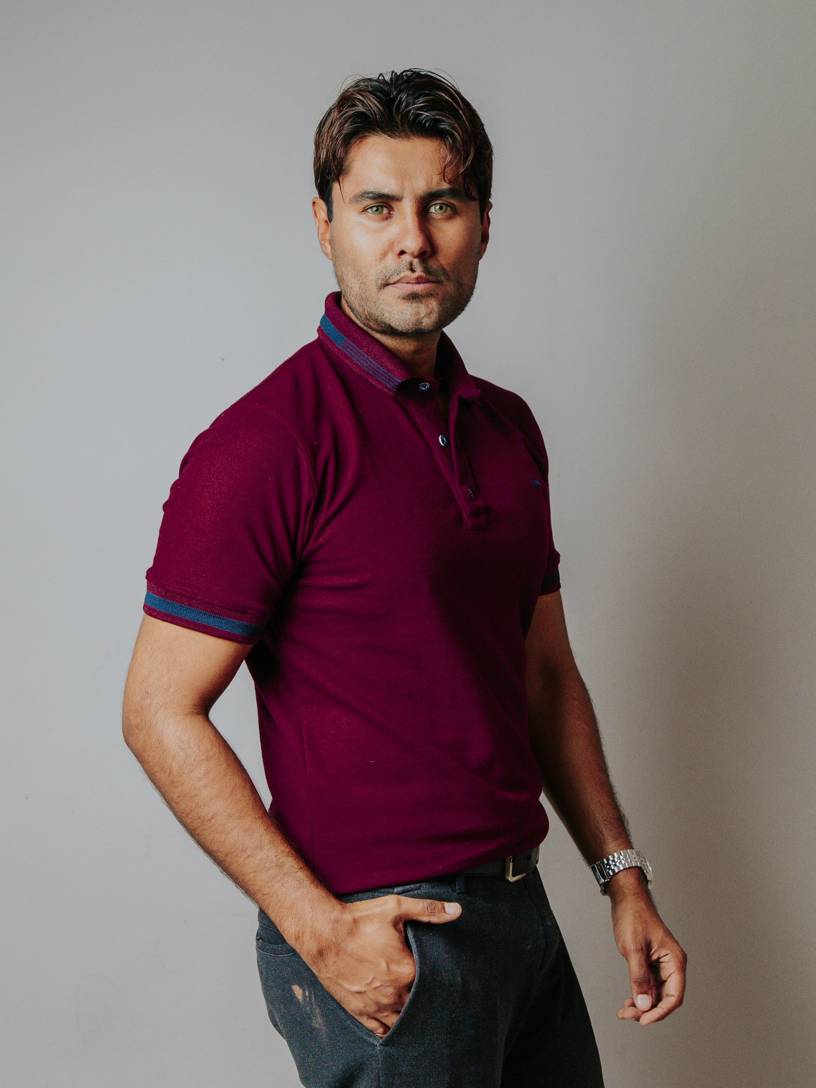 Playera Polo Hombre Slim Fit Vino Detalles Azul Marino