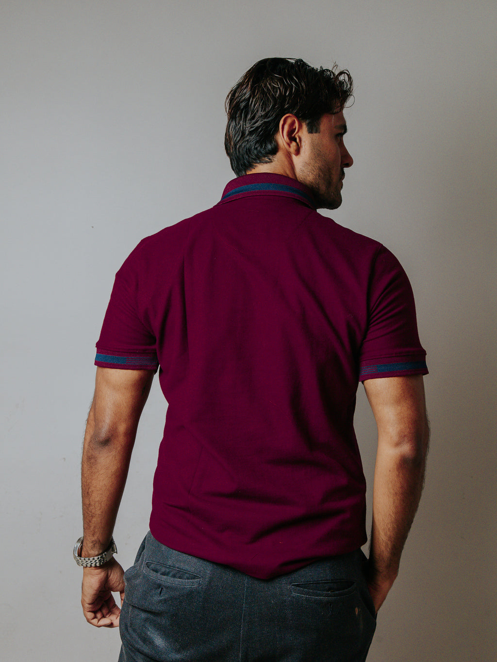 Playera Polo Hombre Slim Fit Vino Detalles Azul Marino