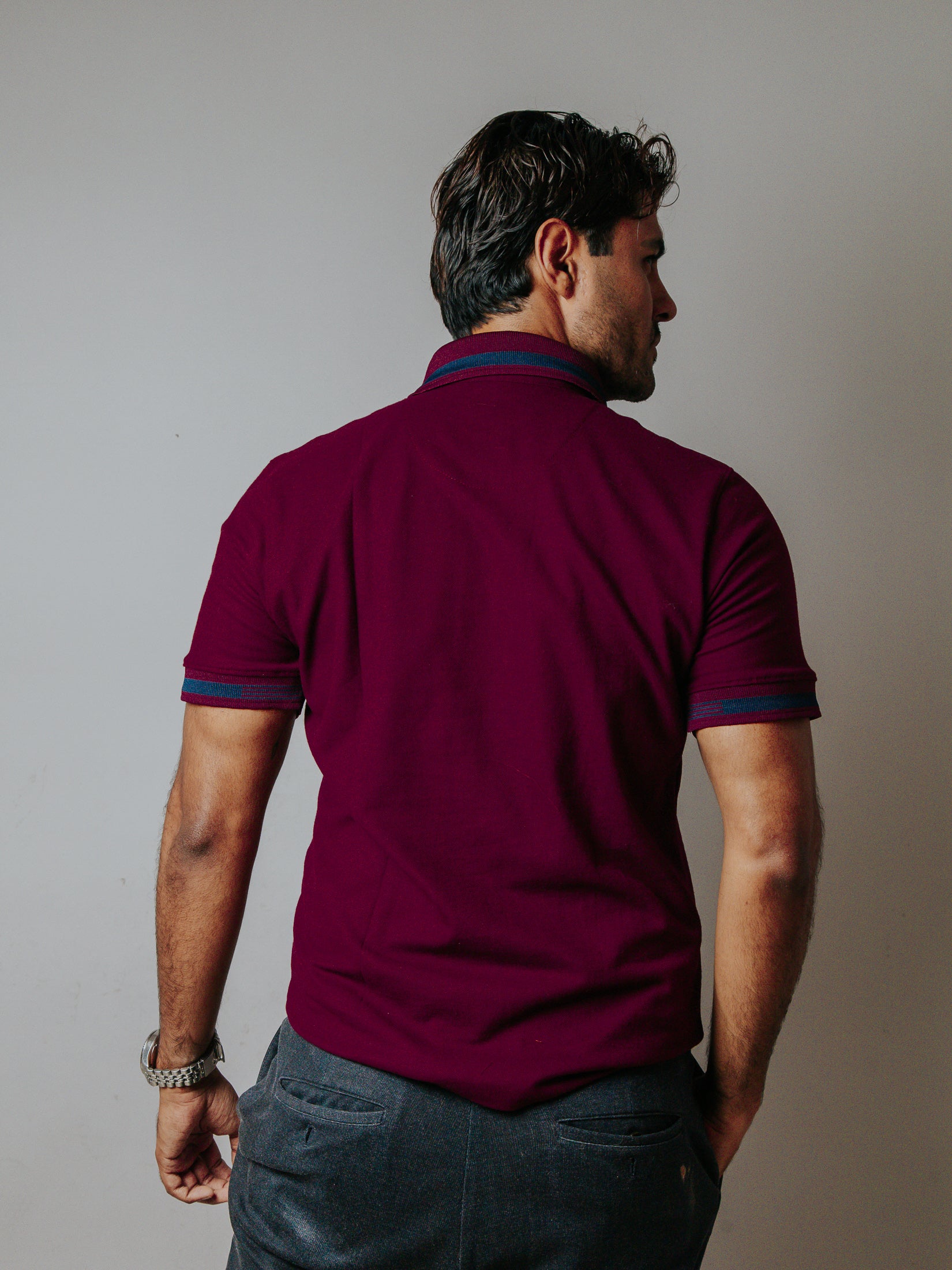 Playera Polo Hombre Slim Fit Vino Detalles Azul Marino