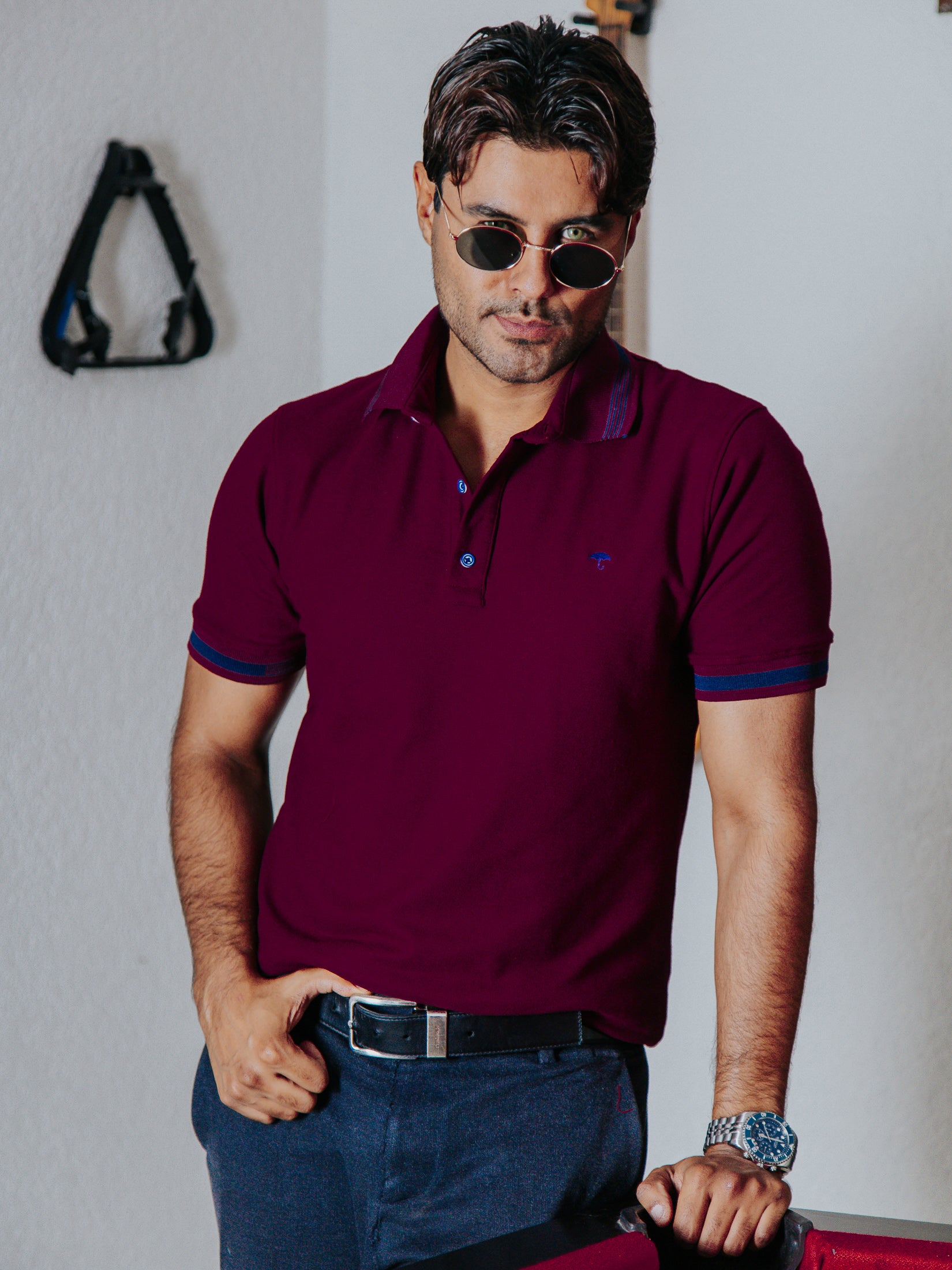 Playera Polo Hombre Slim Fit Vino Detalles Azul Marino