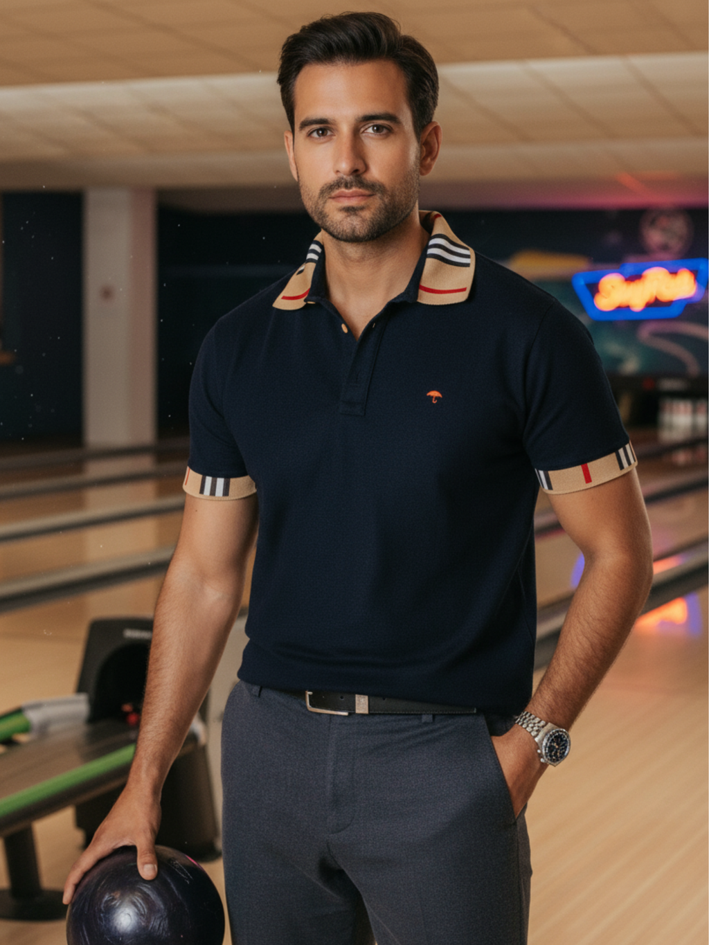 Playera Polo Hombre Slim Fit Azul Marino Detalle Beige