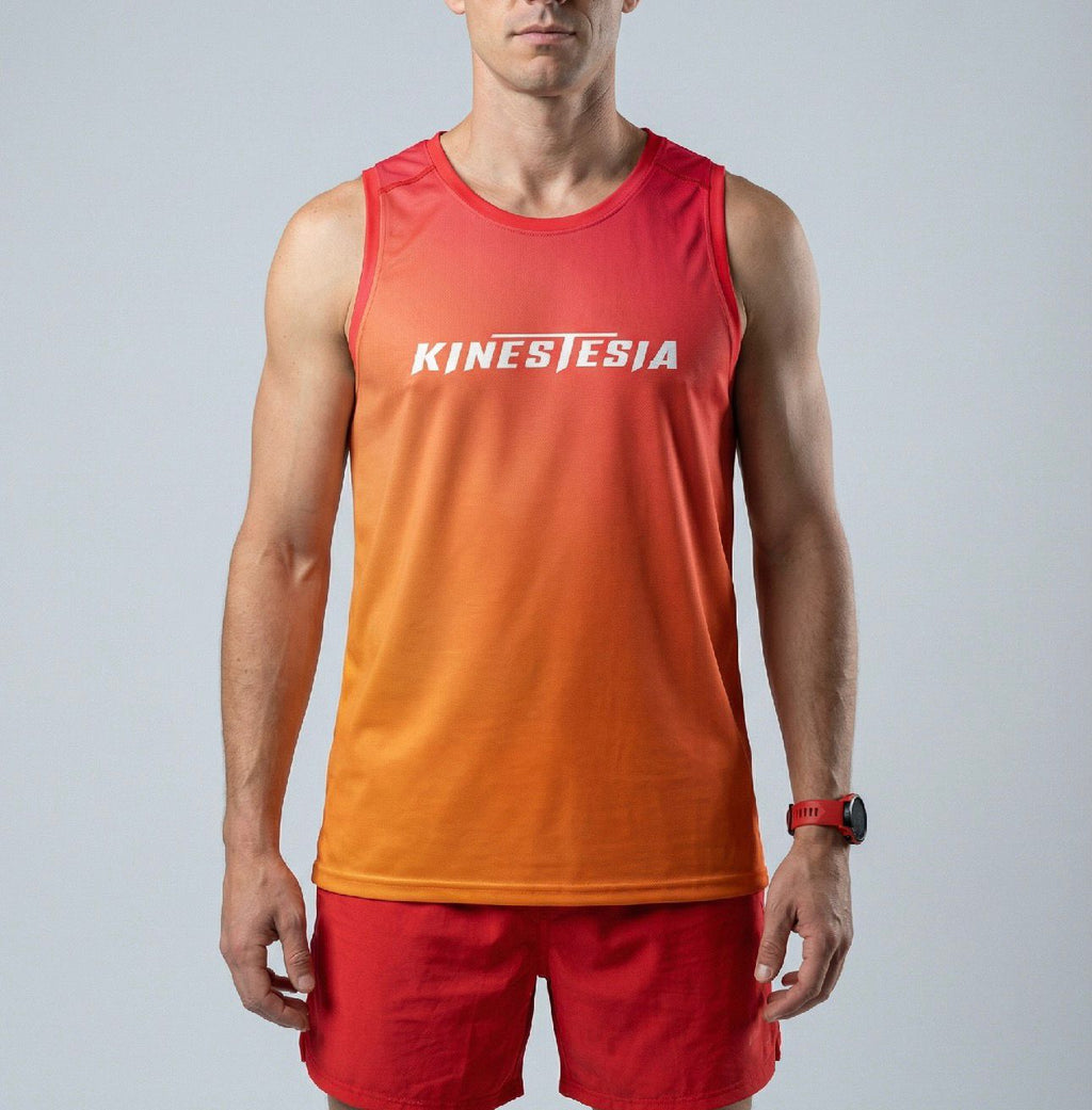 PLAYERA TANK HOMBRE SIN MANGAS ROJO DEGRADADO NARANJA KINESTESIA