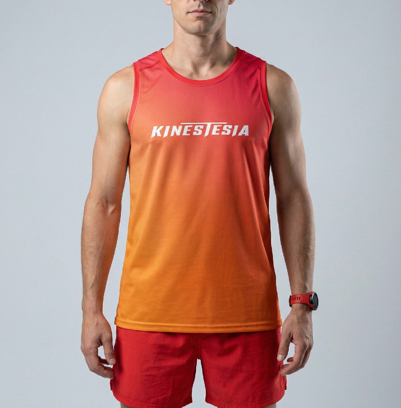 PLAYERA TANK HOMBRE SIN MANGAS ROJO DEGRADADO NARANJA KINESTESIA