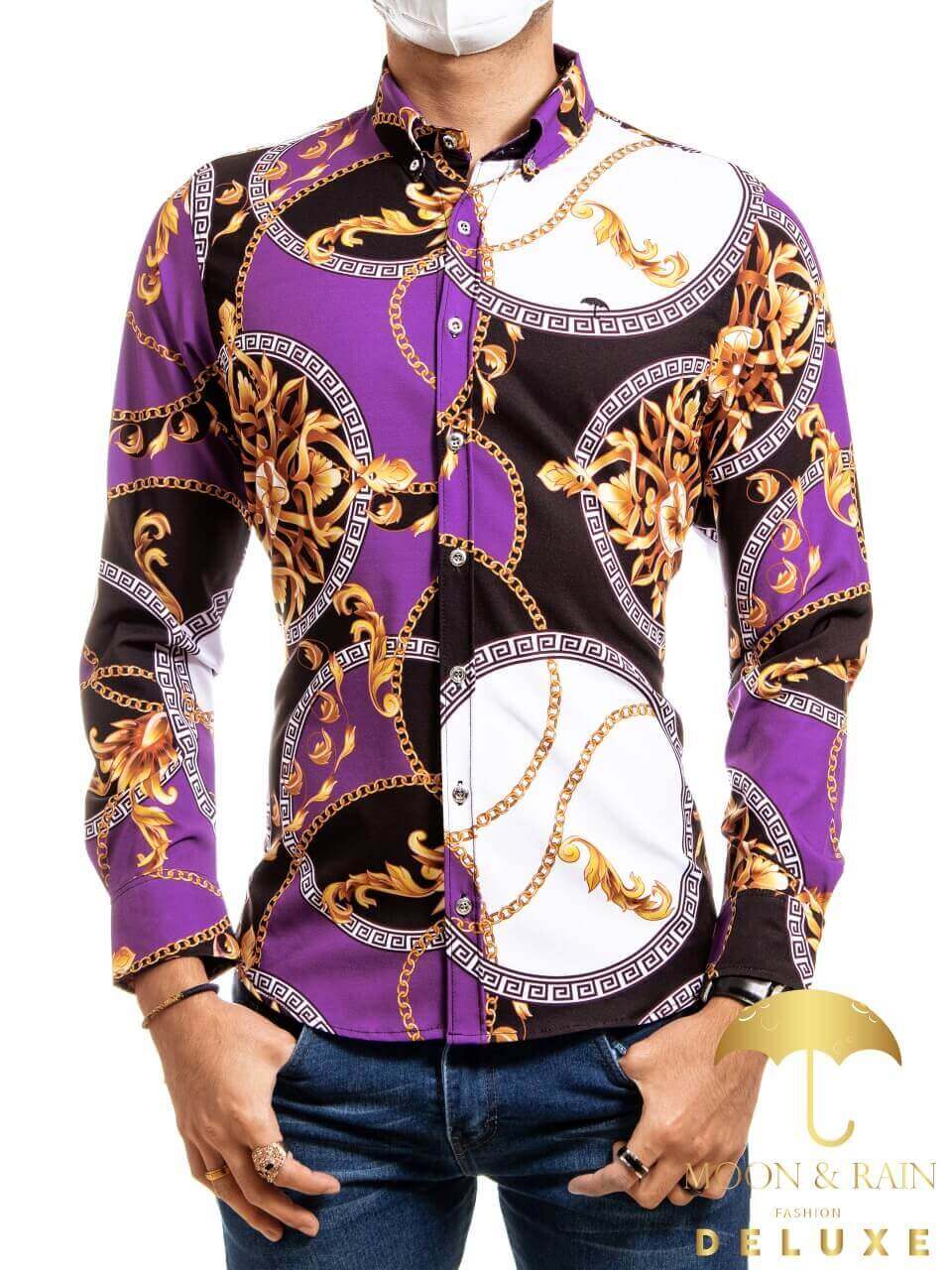Camisa Hombre Casual Barroco Morada Y Negro Círculos - 34 (S)-Tiendas Platino