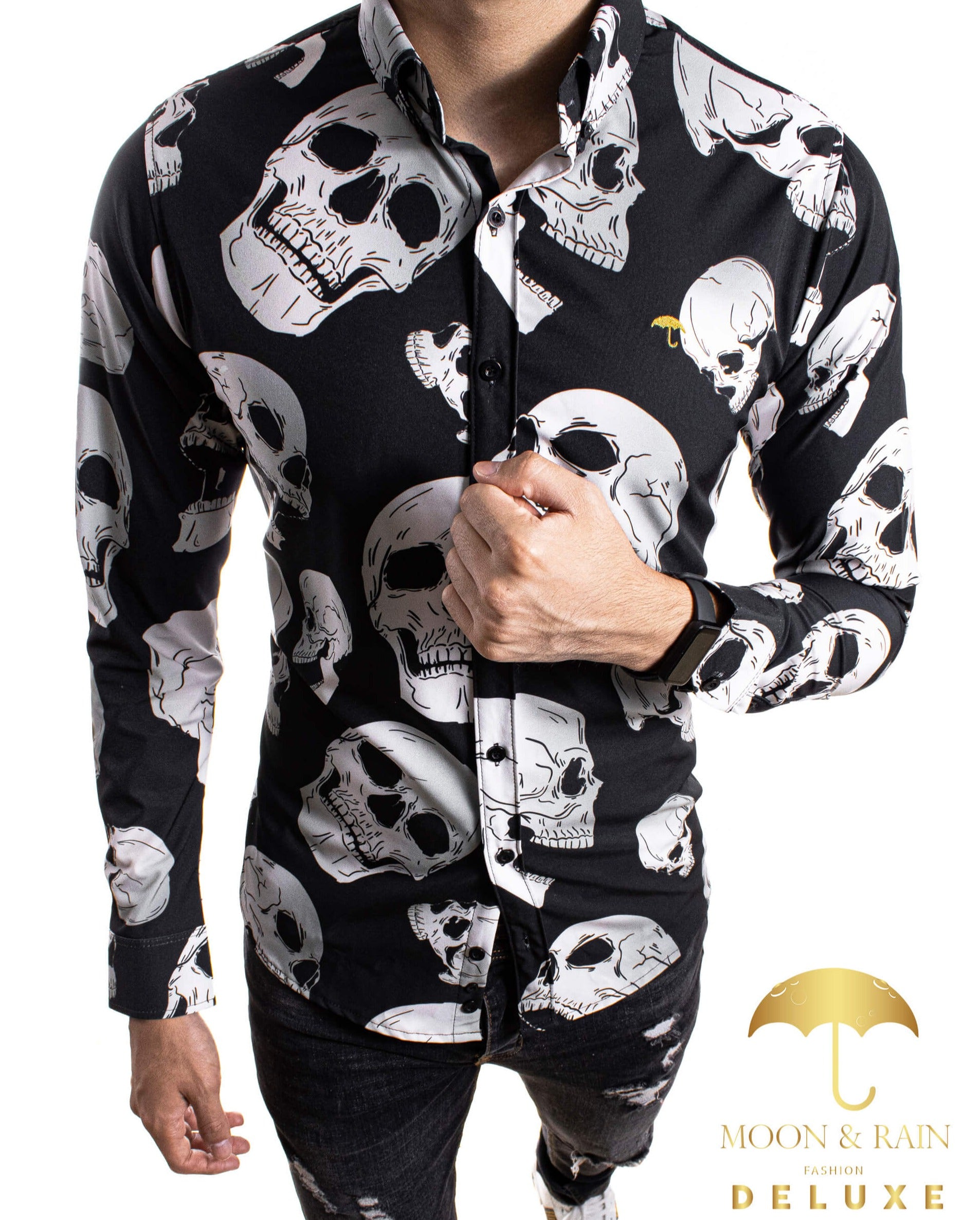 Camisa Hombre Casual Slim Fit Negra Calavera Blanca