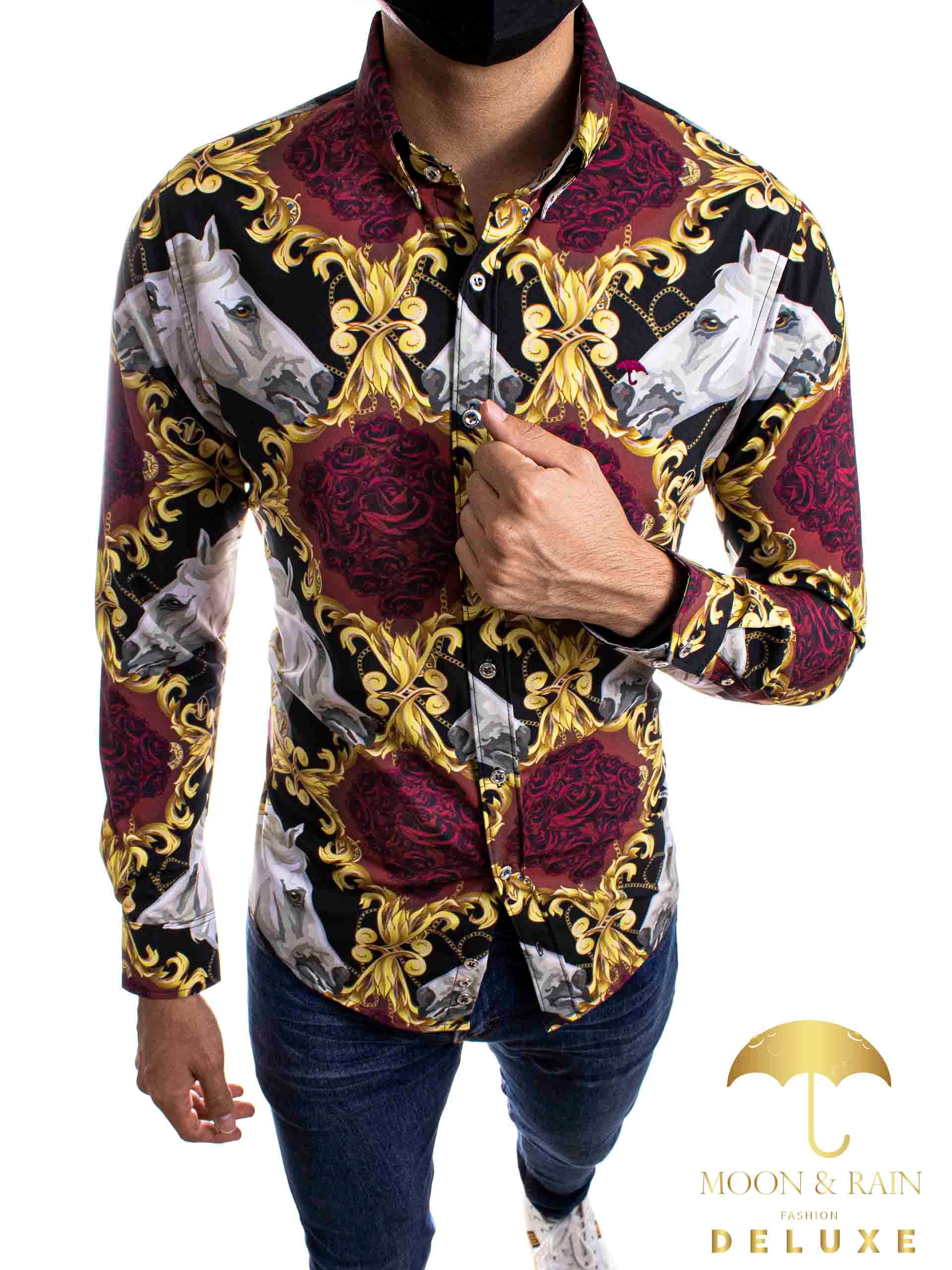 Camisa Hombre Casual Slim Fit  Rosas Y Caballo Blanco