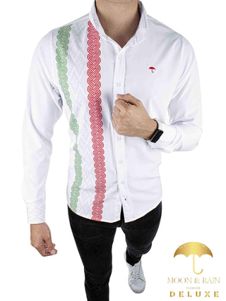 Camisa Hombre Casual Slim Fit Guayabera Blanca Tricolor