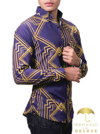 Camisa Hombre Casual Slim Fit Marino Rombos Dorados - 34 (S)-Tiendas Platino