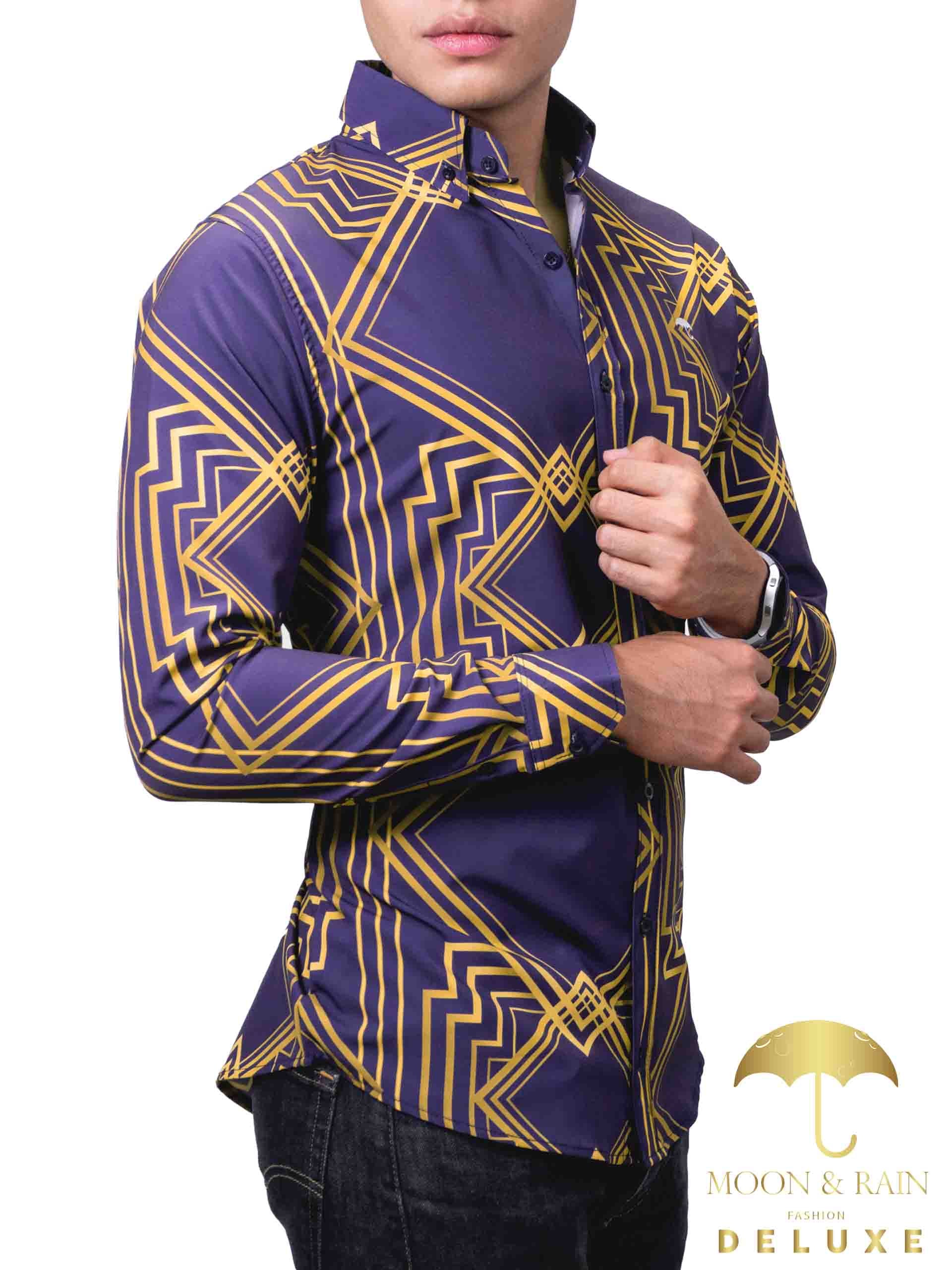 Camisa Hombre Casual Slim Fit Marino Rombos Dorados - 34 (S)-Tiendas Platino