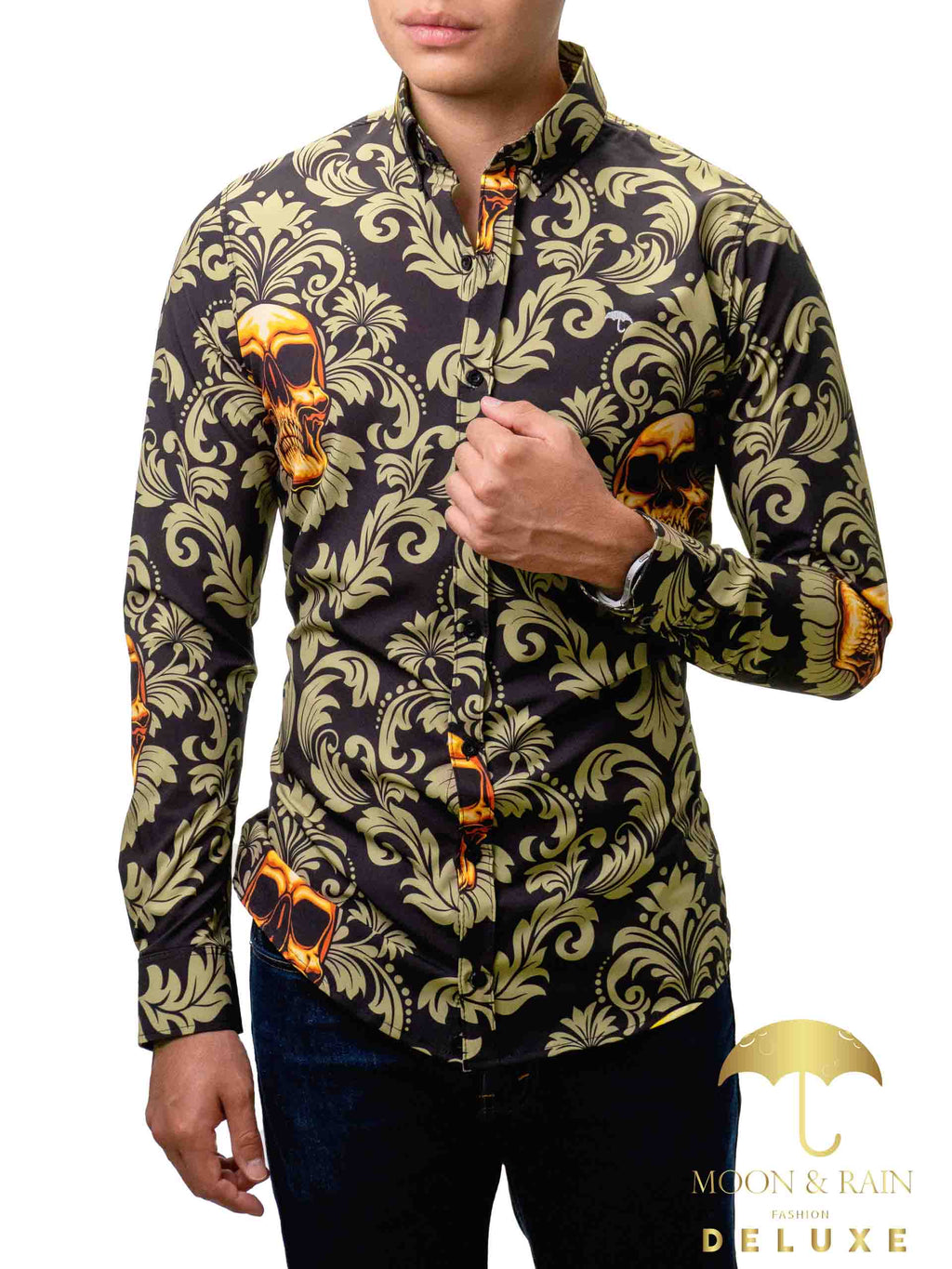 Camisa Hombre Casual Negra Calaveras Doradas Floreada