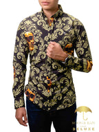 Camisa Hombre Casual Negra Calaveras Doradas Floreada