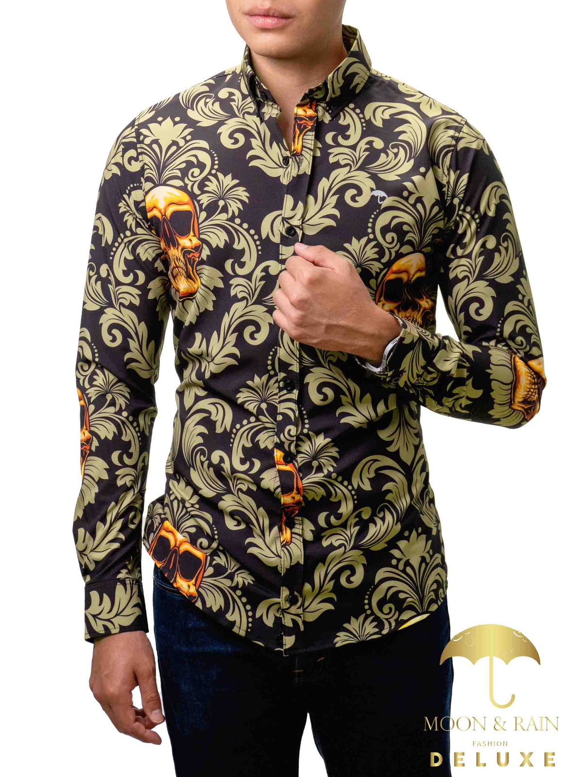 Camisa Hombre Casual Negra Calaveras Doradas Floreada