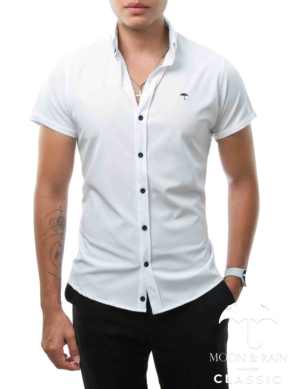 Camisa Hombre Casual Slim Fit Blanca Lisa Det. Negro - 34 (S)-Tiendas Platino