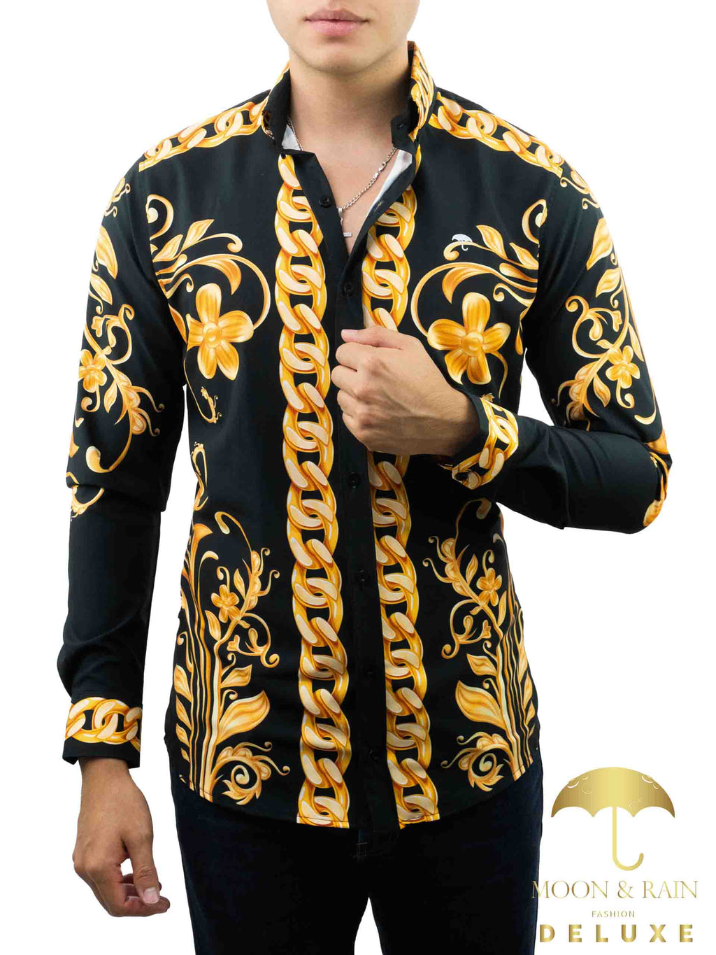 Camisa Hombre Casual Slim Fit Cadenas Y Flores Doradas - 34 (S)-Tiendas Platino