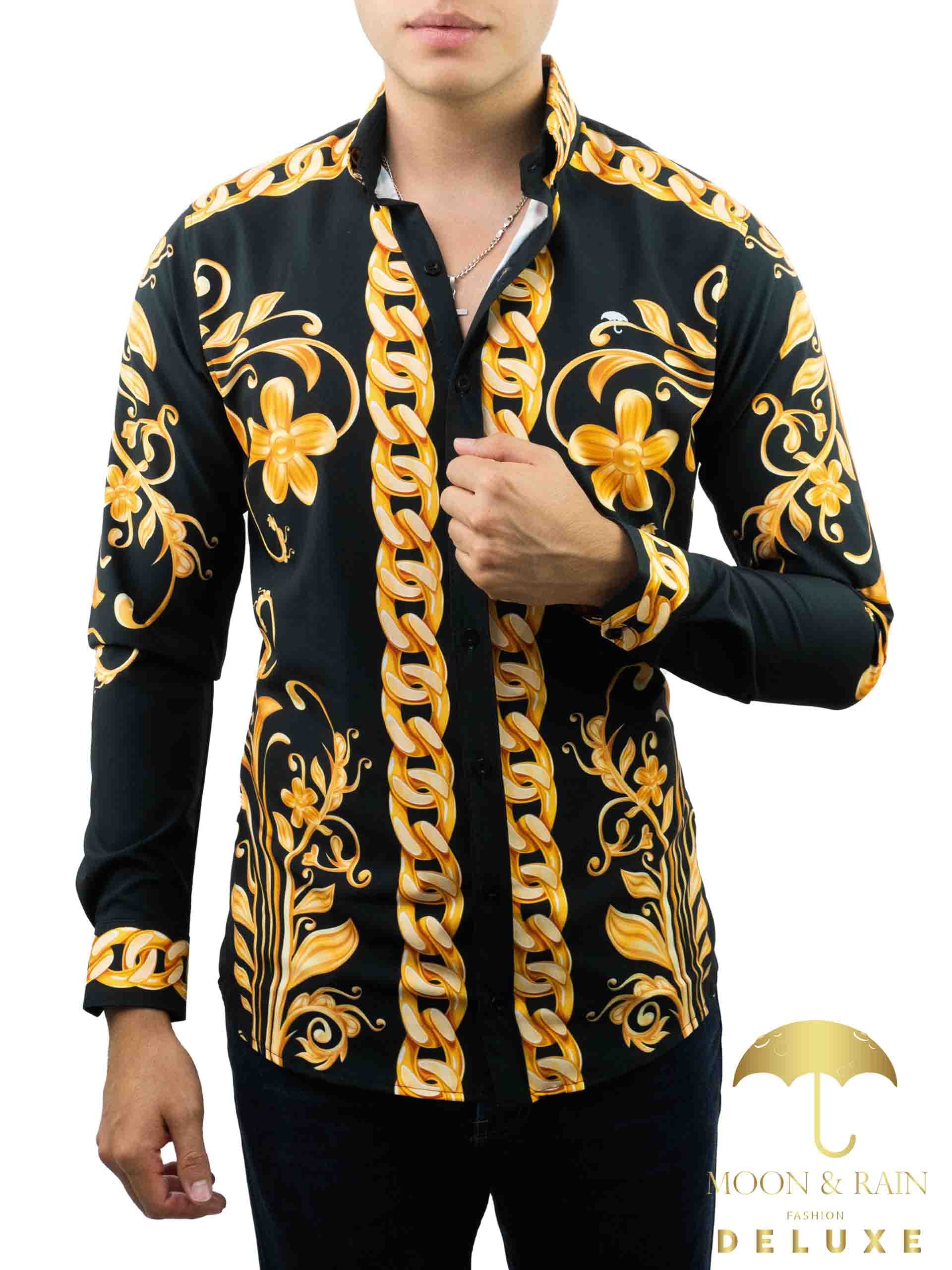 Camisa Hombre Casual Slim Fit Cadenas Y Flores Doradas - 34 (S)-Tiendas Platino