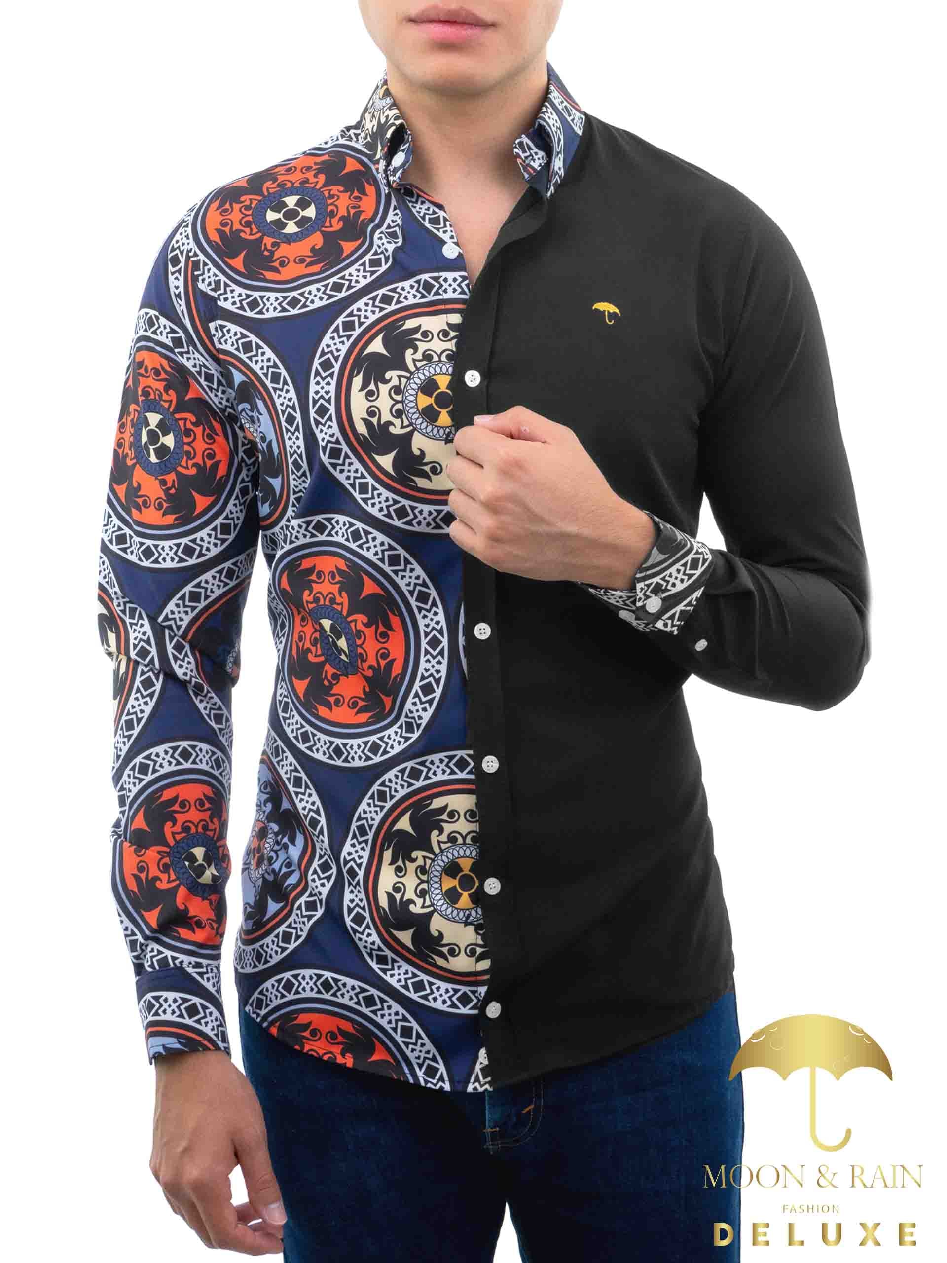 Camisa Hombre Casual Slim Fit Negra Medallones Rojos - 34 (S)-Tiendas Platino