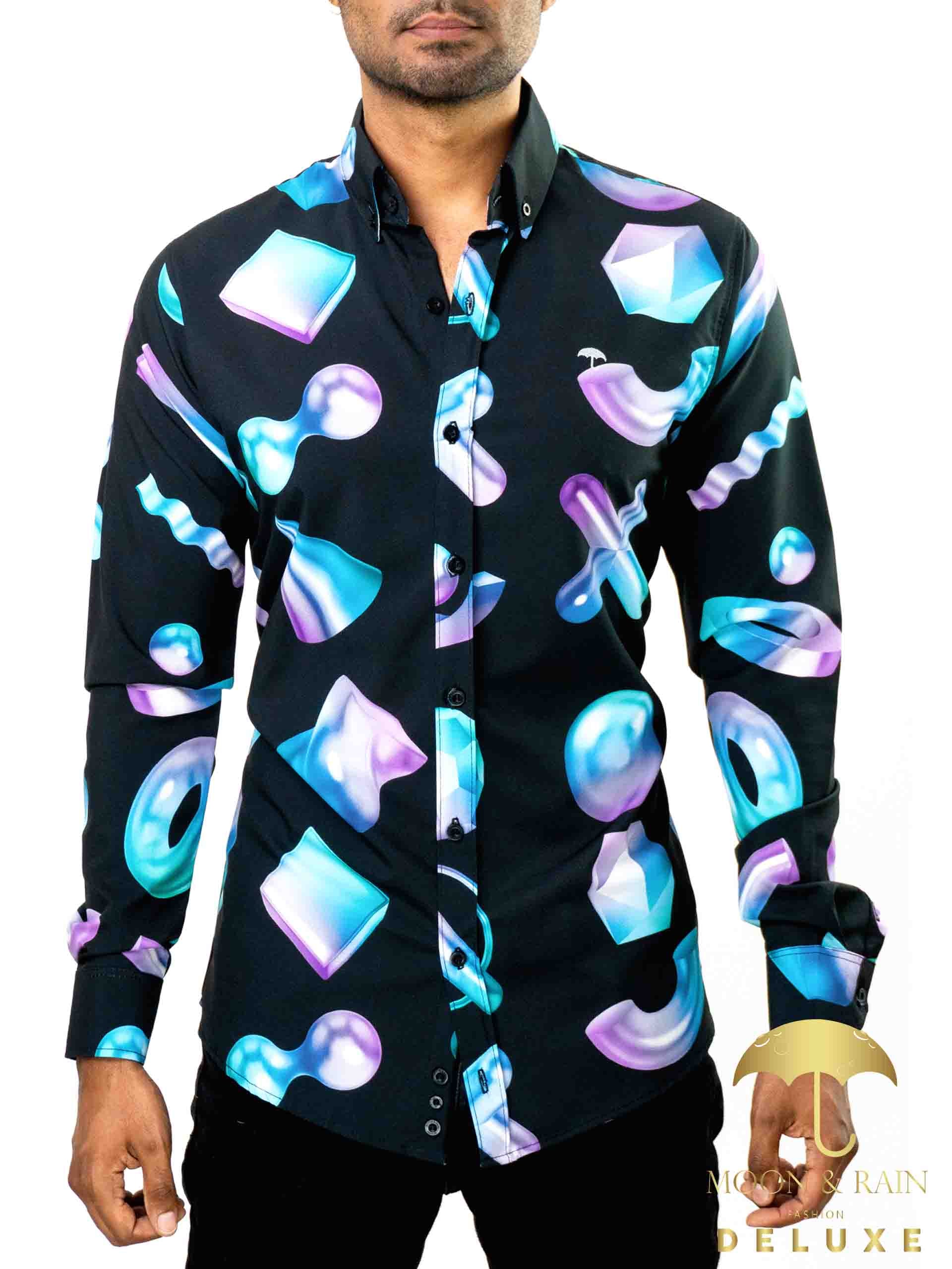 Camisa Hombre Casual Slim Fit Negra Geometría 3d - 34 (S)-Tiendas Platino