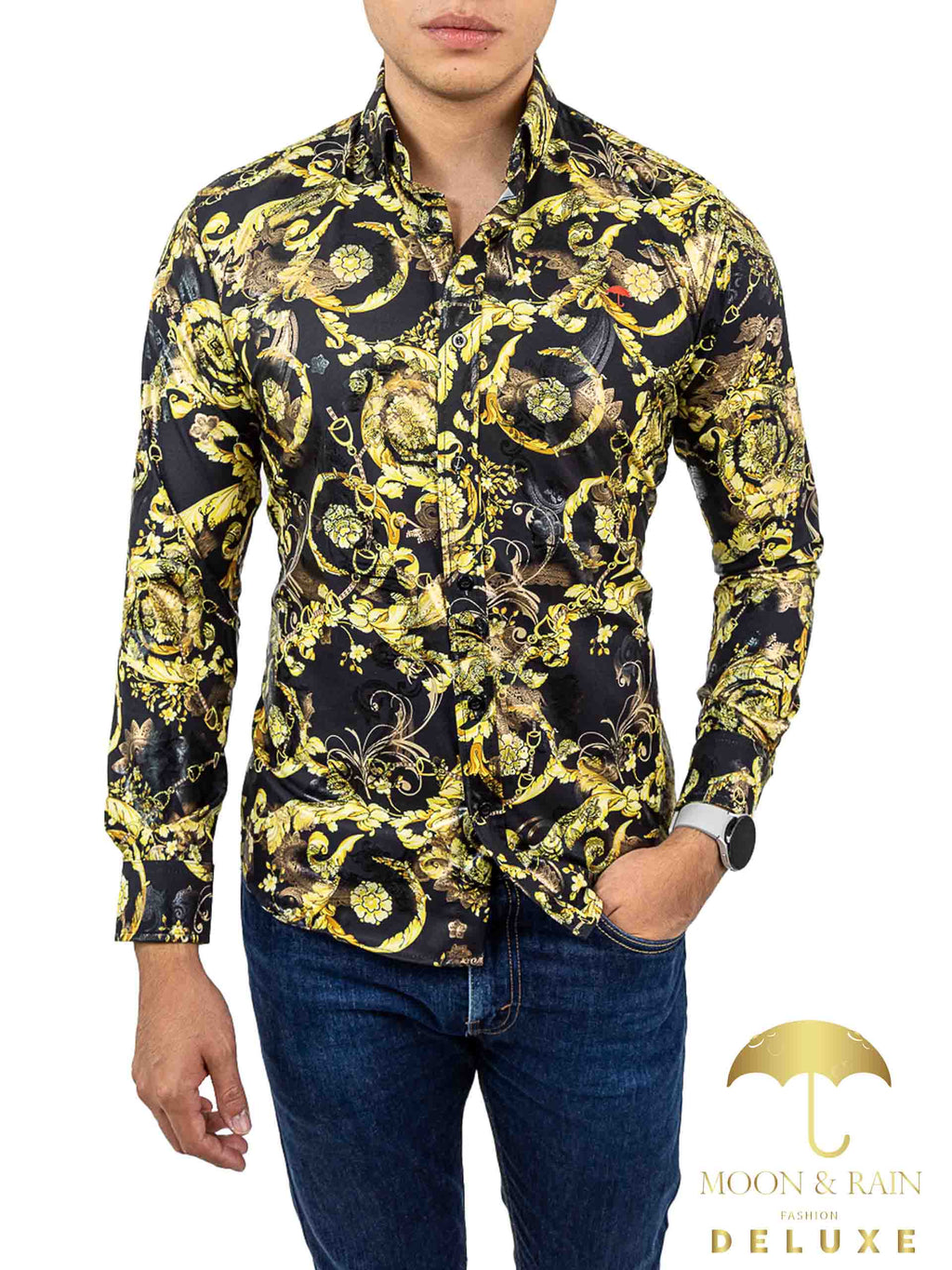 Camisa Hombre Casual Slim Fit Negro Flores Y Hojas Doradas - 34 (S)-Tiendas Platino