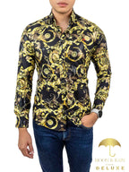 Camisa Hombre Casual Slim Fit Negro Flores Y Hojas Doradas - 34 (S)-Tiendas Platino