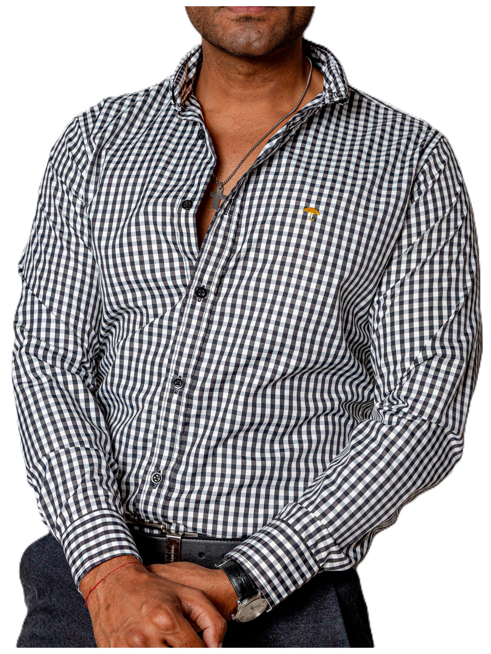 Camisa Hombre Casual Mini Cuadros Negros, Blancos