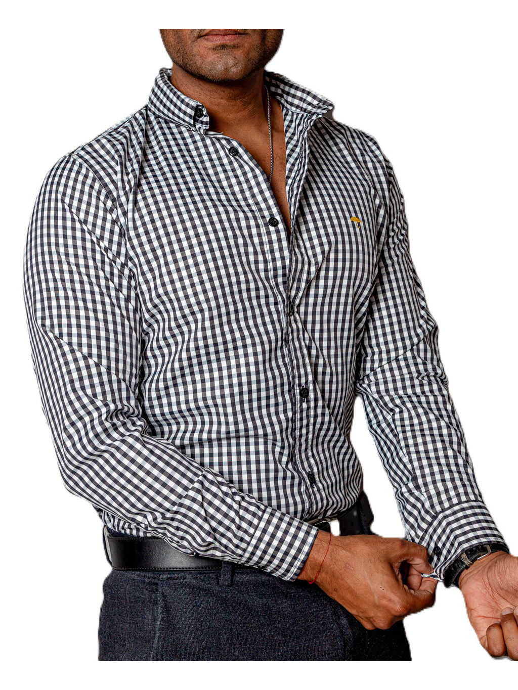 Camisa Hombre Casual Mini Cuadros Negros, Blancos